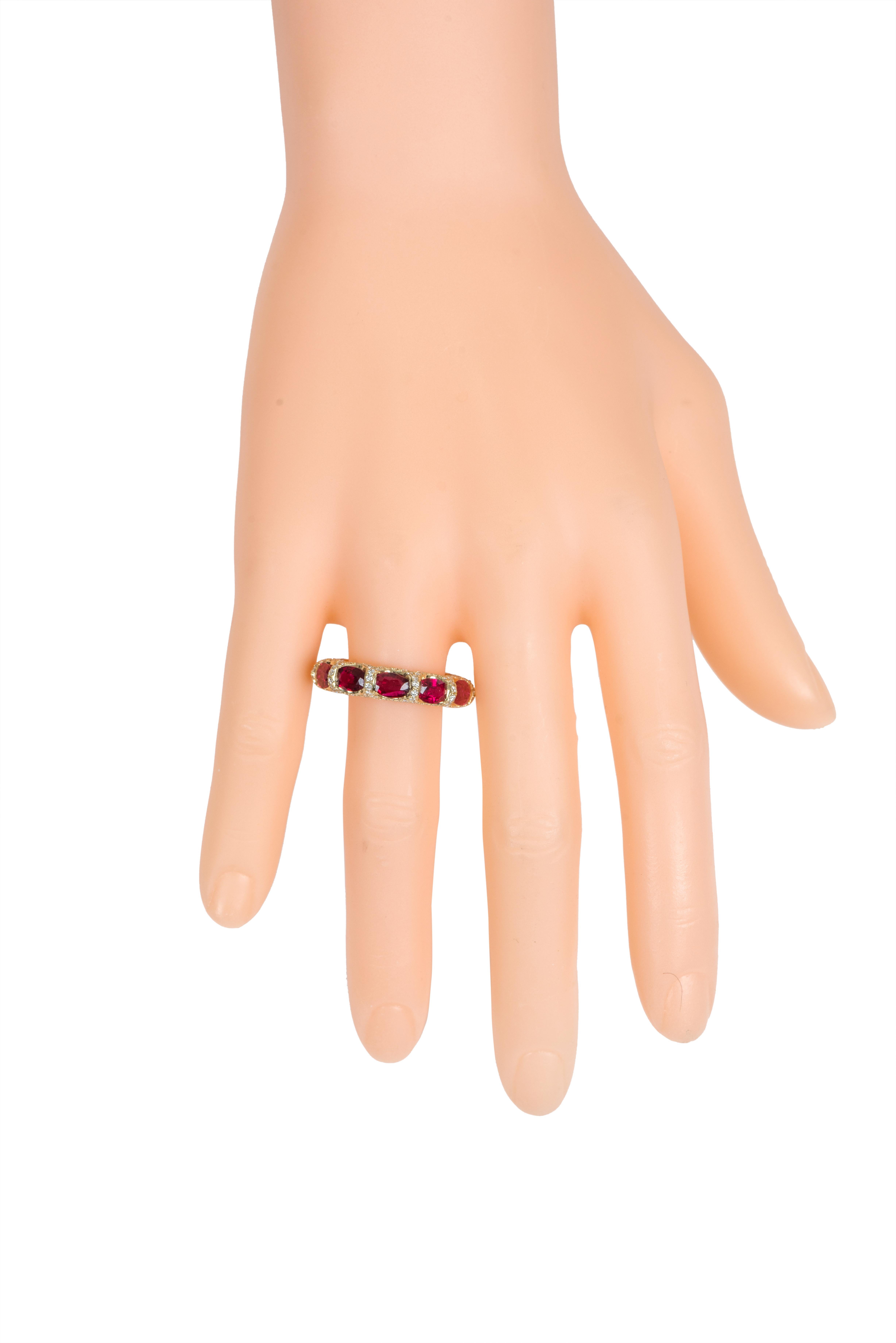 Oval Cut 18 Karat Yellow Gold 6.40 Carat Ruby and Diamond Eternity Band Ring For Sale