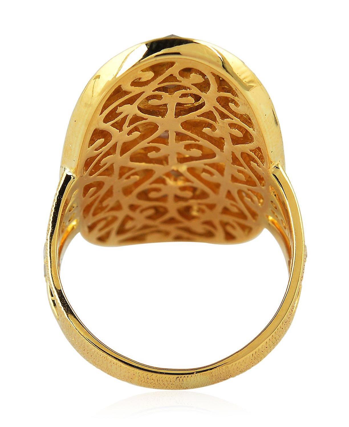 This stunning ring has been crafted from 14-karat gold. It is set with 6.479 carats fancy and pave diamonds. 

The ring is a size 7 and may be resized to larger or smaller upon request. 
FOLLOW  MEGHNA JEWELS storefront to view the latest collection