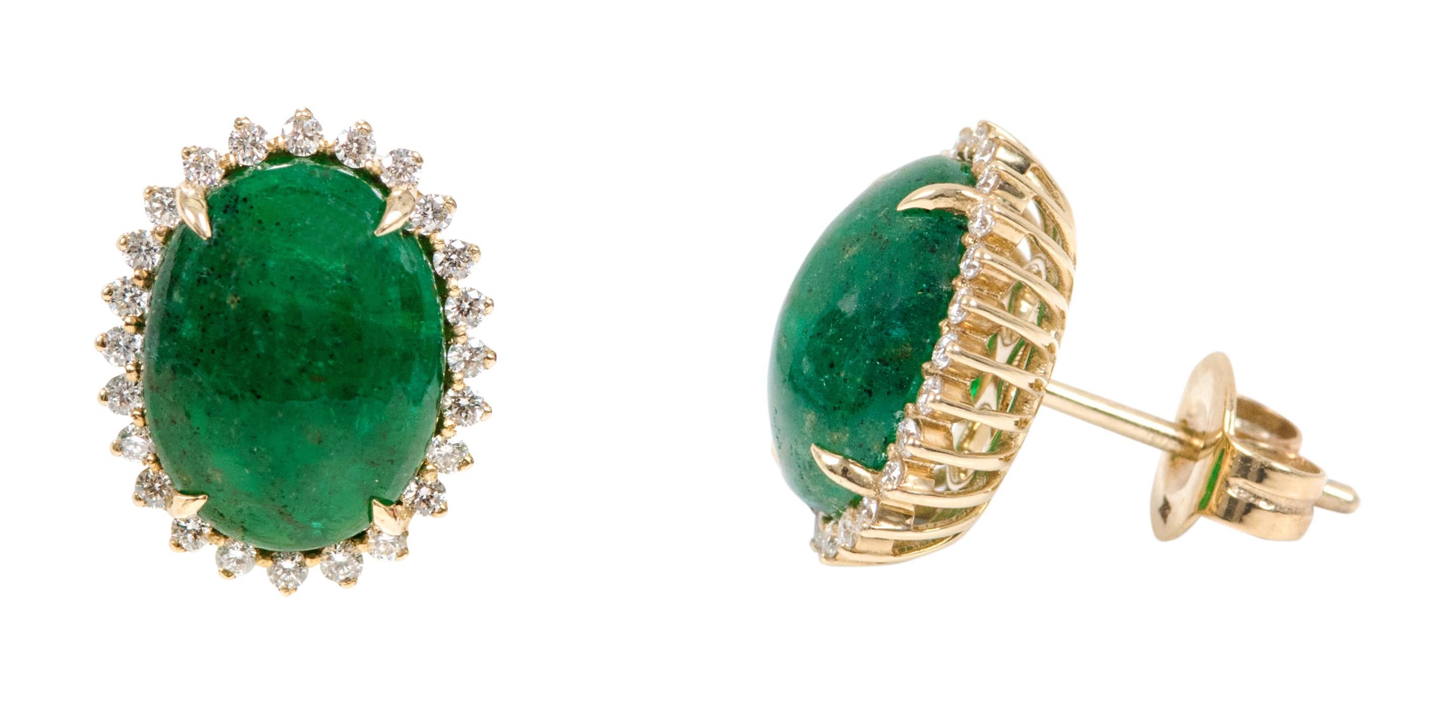 18 Karat Yellow Gold 6.62 Carat Natural Cabochon Emerald and Diamond Cluster Stud Earrings 

This elegant pine green emerald and diamond halo cluster earring is timeless. The fantastic solitaire emerald oval cabochon in an eagle-prong setting is