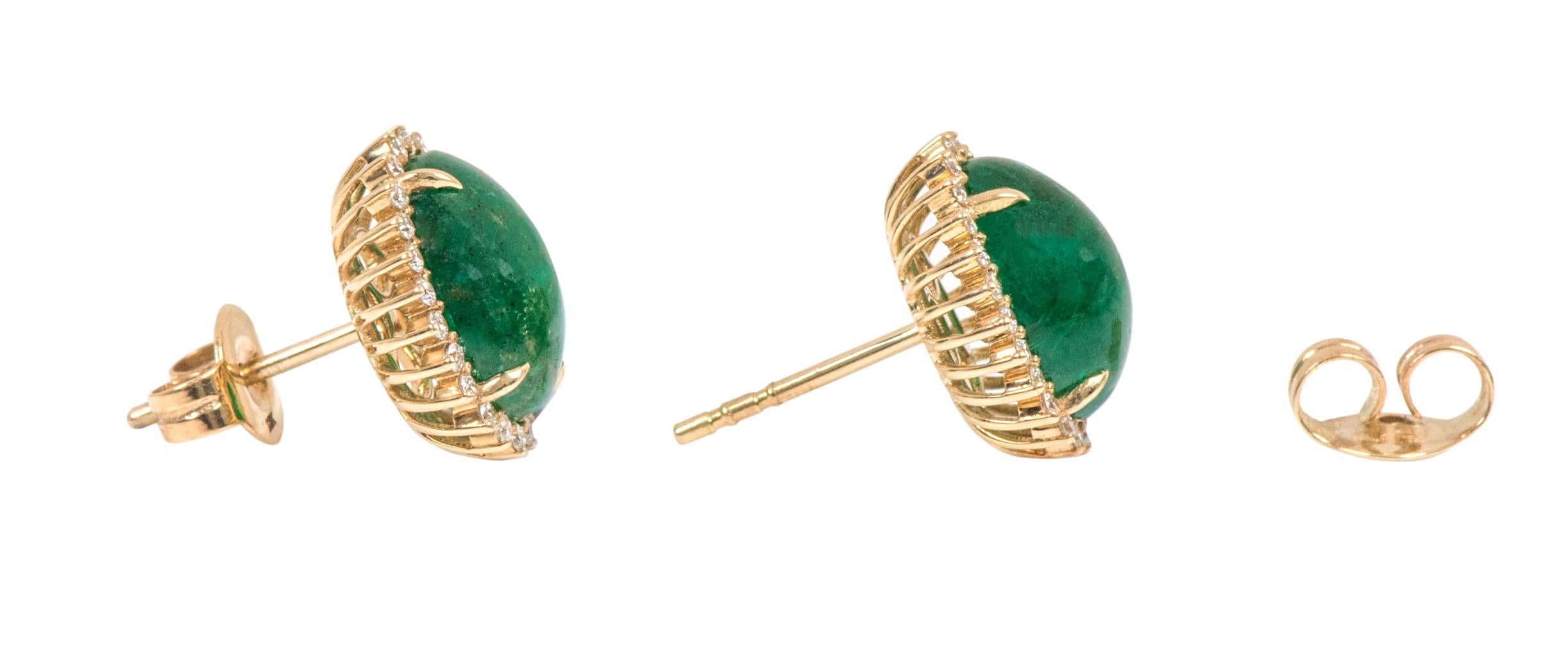 Cabochon 18 Karat Yellow Gold 6.62 Carat Natural Emerald and Diamond Stud Earrings