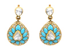 18 Karat Yellow Gold 6.71 Carat Diamond, Ruby, and Turquoise Dangle Earrings