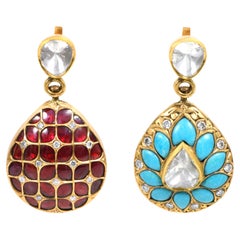 18 Karat Yellow Gold 6.71 Carat Diamond, Ruby, and Turquoise Dangle Earrings