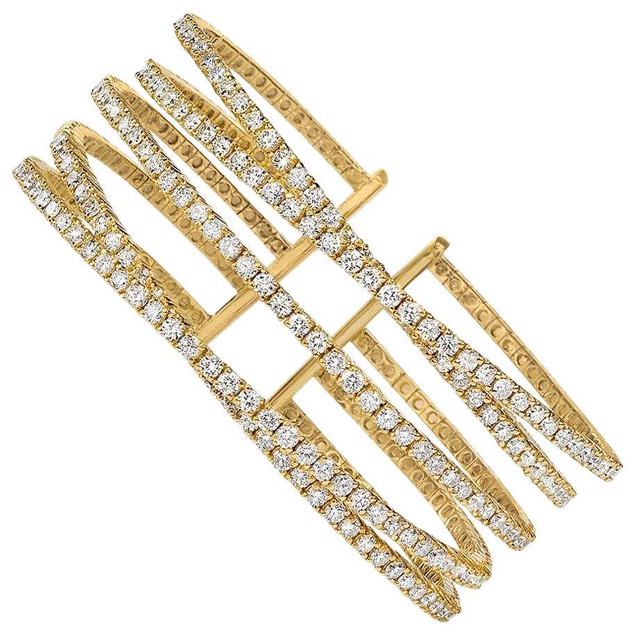 18 Karat Yellow Gold 6.72 Carat Diamond Flexible Cuff Bracelet For Sale