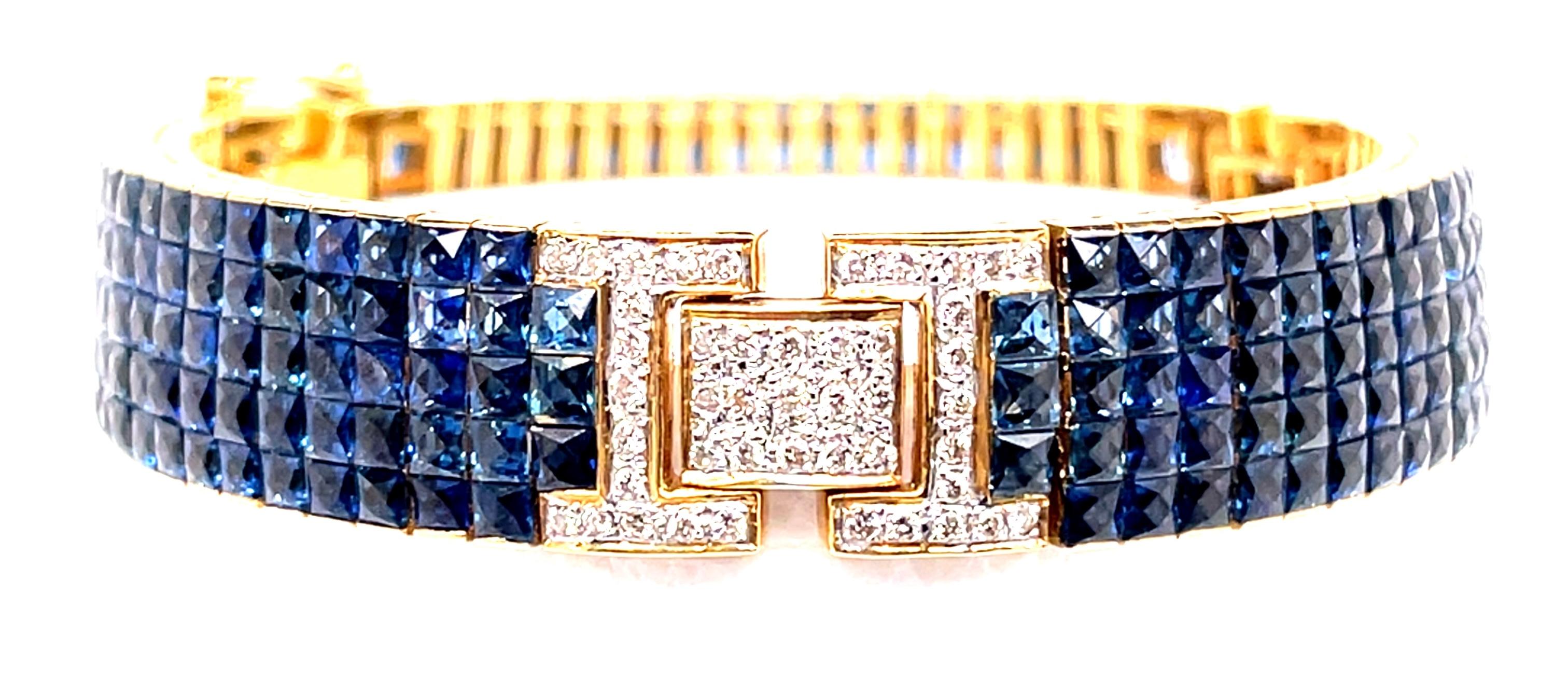 18 Karat Yellow Gold 7 Inch Sapphire and Diamond Bracelet. Weighing 59.2 grams this stunning modern bracelet is certain to make that special someone gleam with pride. make up. Having a semantically set group of stones in three links sections. The