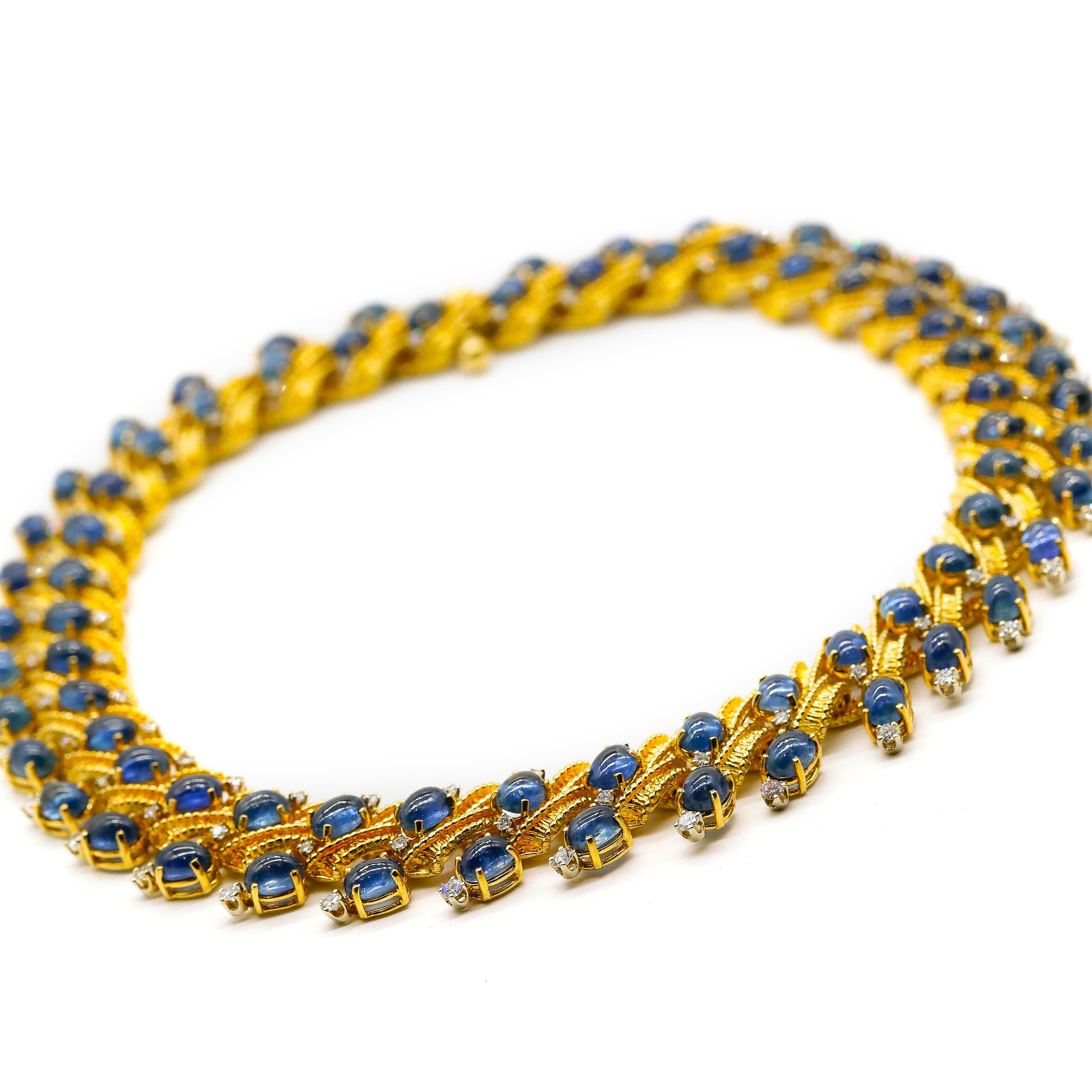 Modern 18 Karat Yellow Gold 72 Carat Blue Sapphire and 4.5 Carat Diamond Necklace