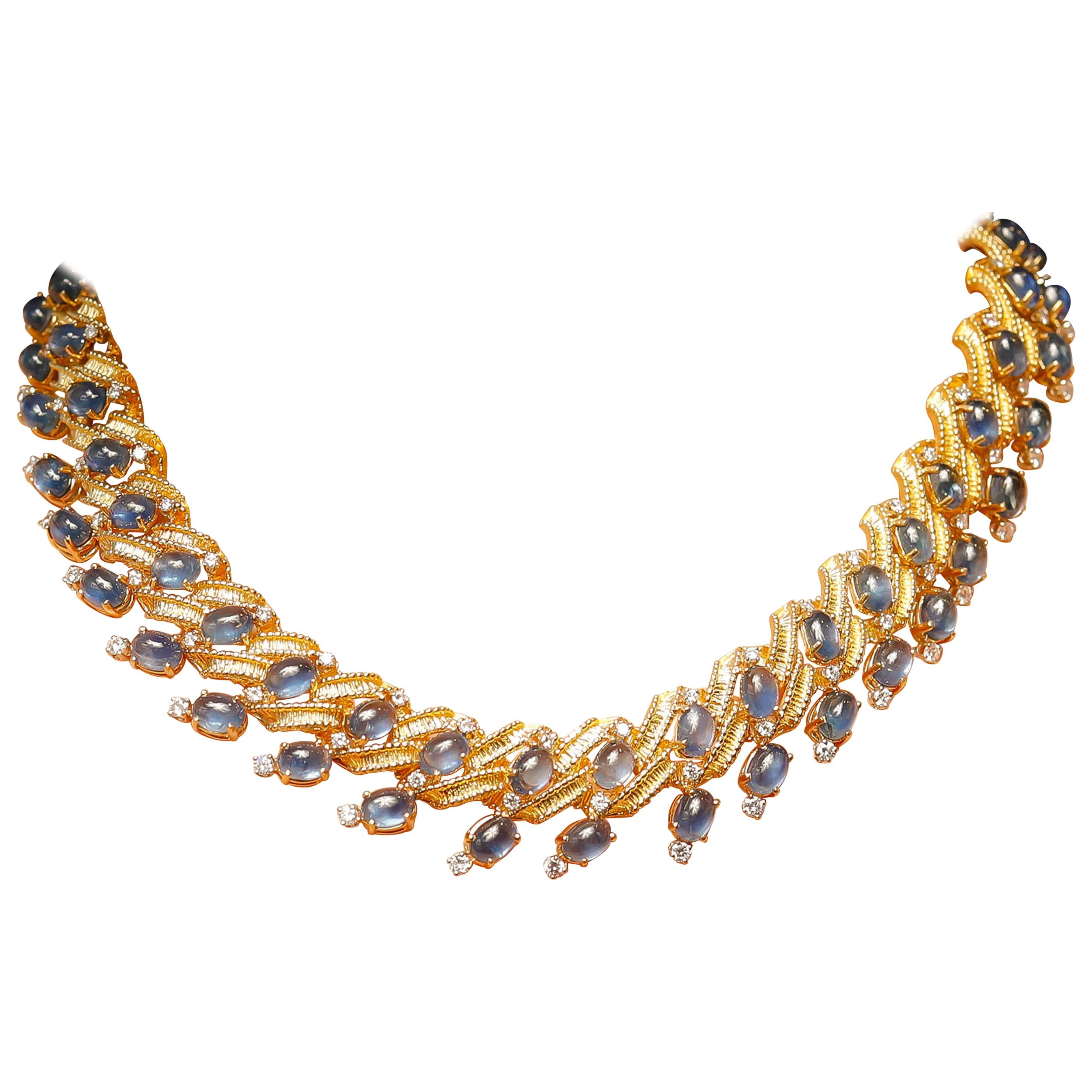 18 Karat Yellow Gold 72 Carat Blue Sapphire and 4.5 Carat Diamond Necklace