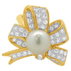 18 Karat Yellow Gold 7MM Pearl and Diamond Vintage Bow Ring