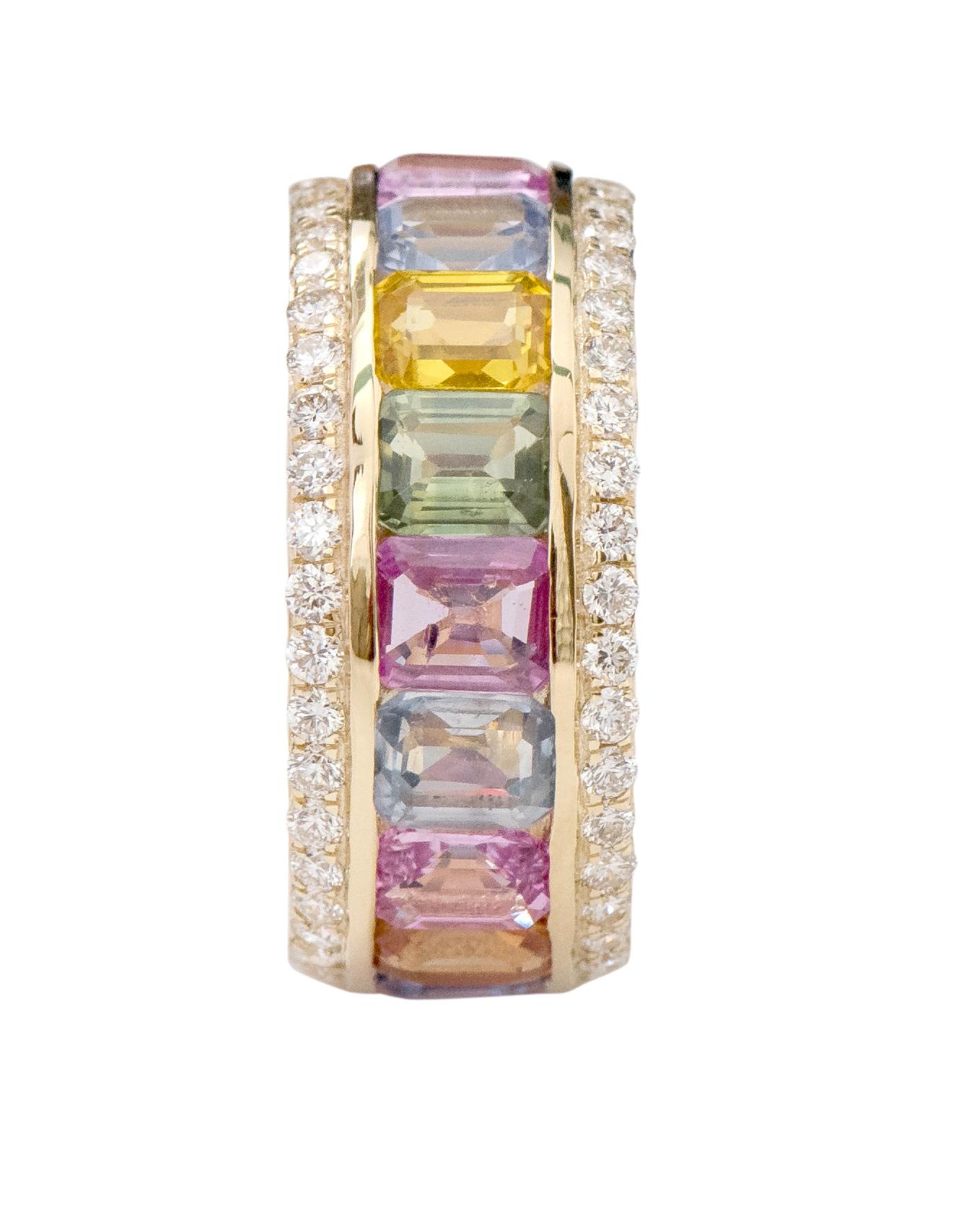 Women's 18 Karat Yellow Gold 8.62 Carat Multi-Sapphire and Diamond Eternity Band Ring For Sale