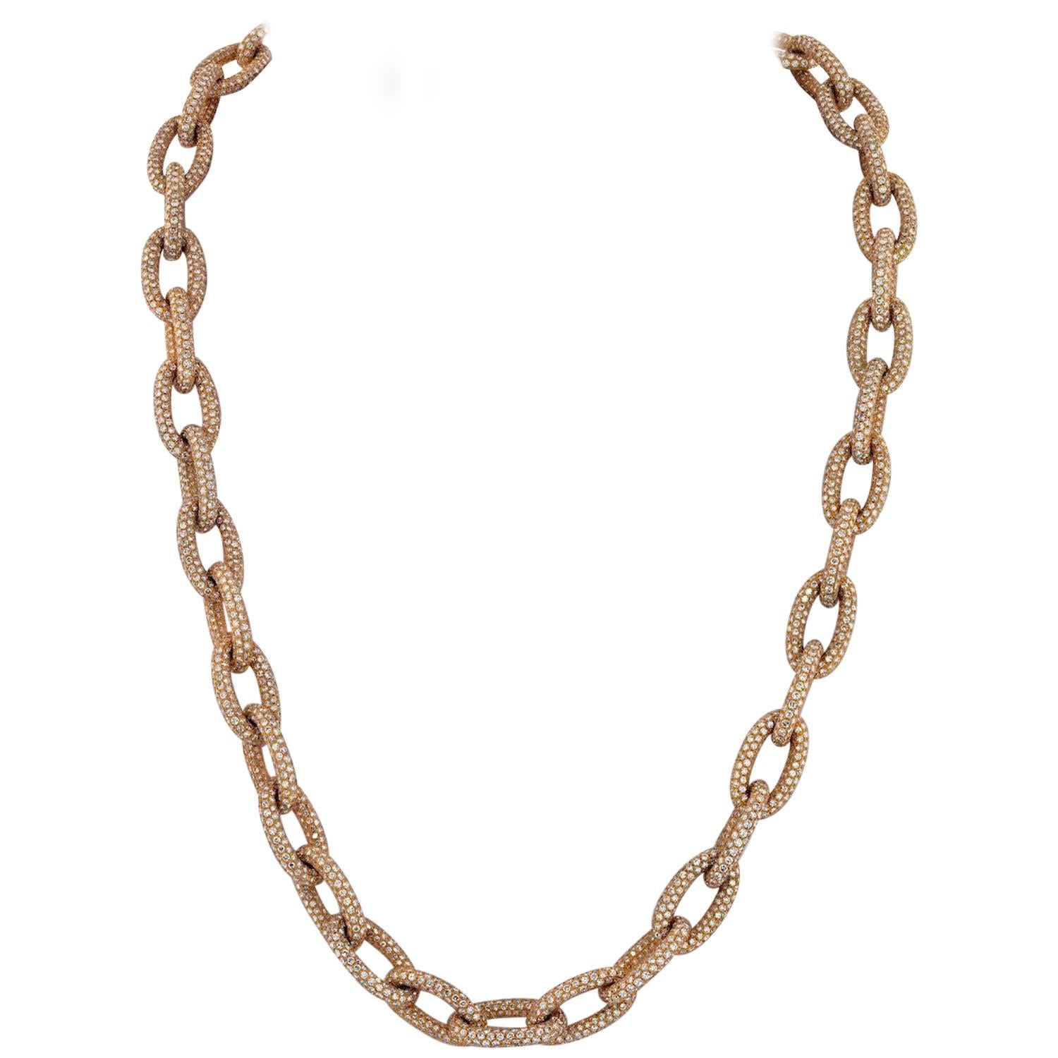 18 Karat Yellow Gold 90 Carat Pave Link Chain Necklace