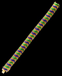 18 Karat Yellow Gold 95 Grams and Green and Blue Enamel Bangle or Bracelet