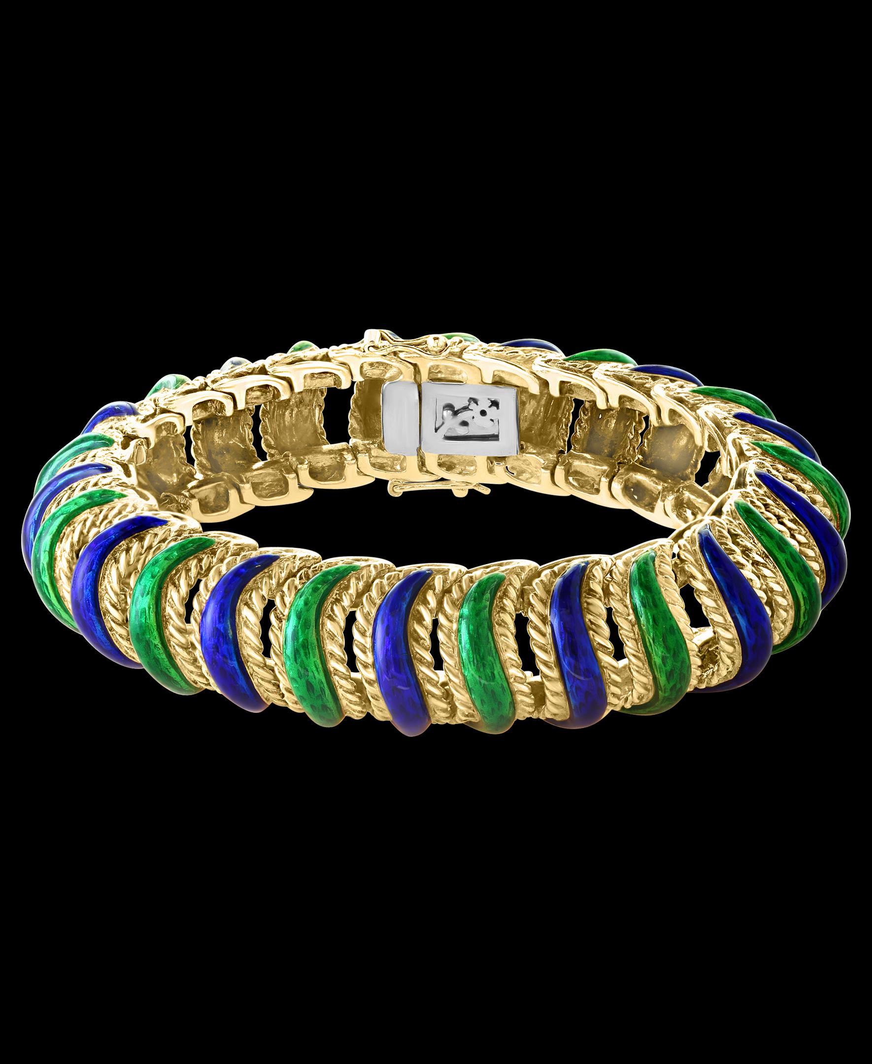 Bracelet jonc ou bracelet en or jaune 18 carats 95 grammes et émail vert et bleu Pour femmes en vente