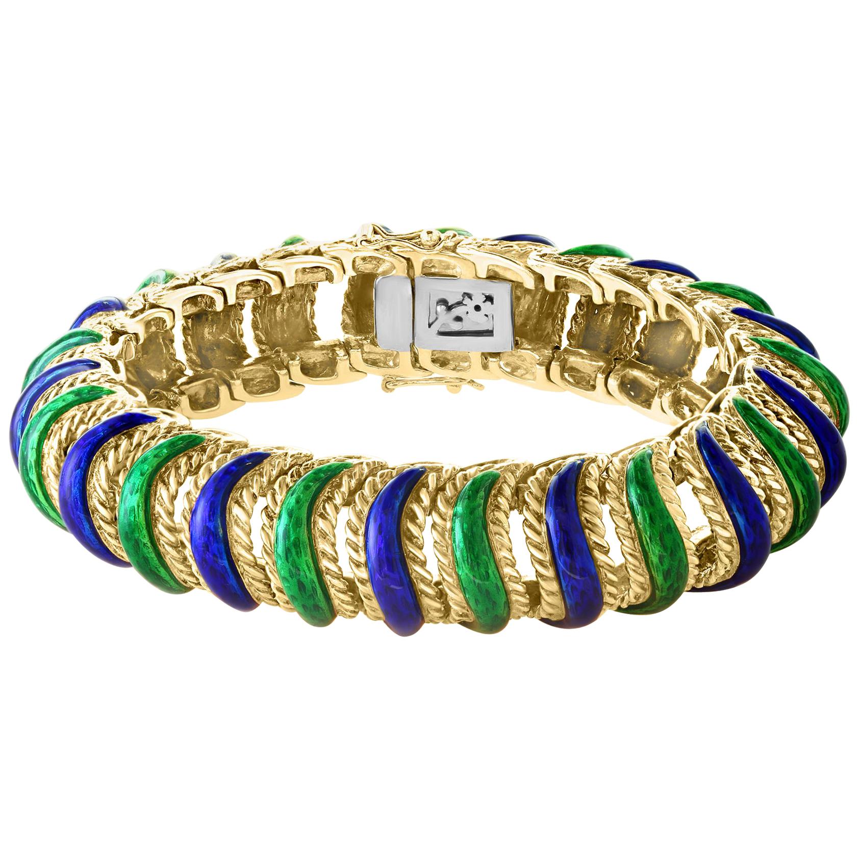 18 Karat Yellow Gold 95 Grams and Green and Blue Enamel Bangle or Bracelet For Sale