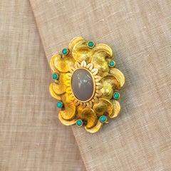 18 Karat Yellow Gold, Agate and Turquoise Brooch Pin