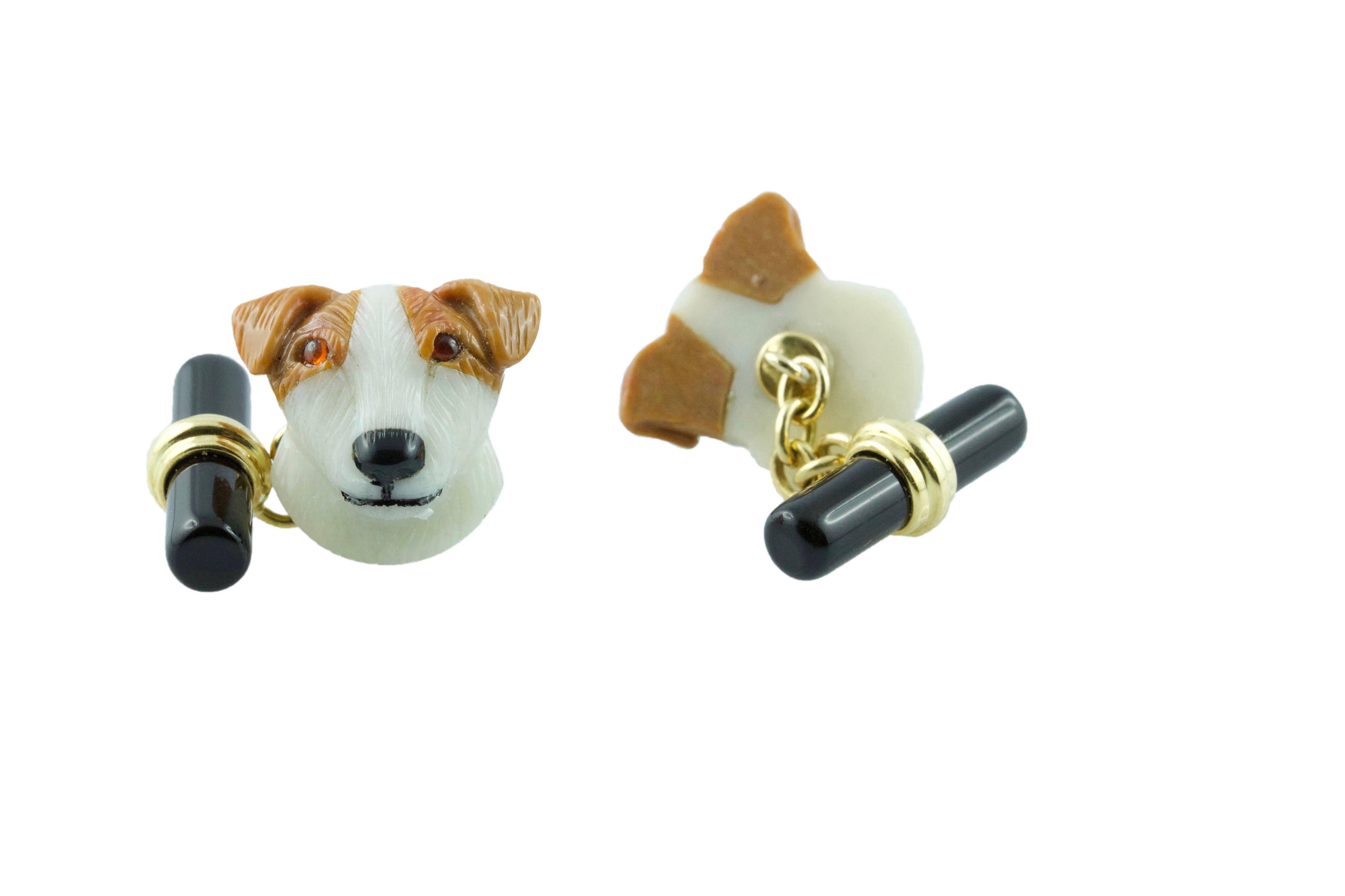 18 Karat Yellow Gold Agate Dog Cufflinks with Rubies In New Condition In Milano, IT