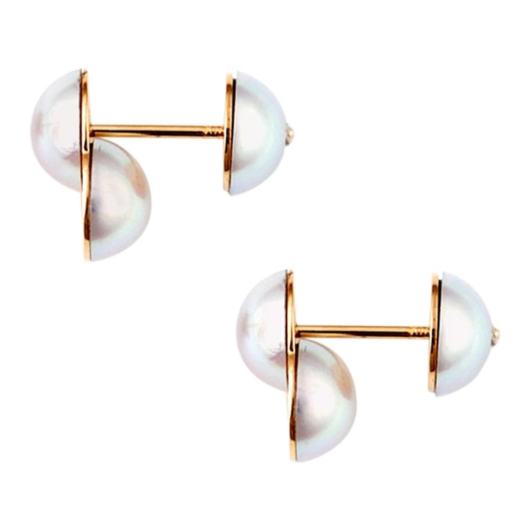 18 Karat Yellow Gold Akoya Pearl Reversible Stud Earrings For Sale at