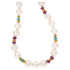18 Karat yellow Gold Akoya Pearl, Turquoise and Pink Tourmaline Beaded Necklace