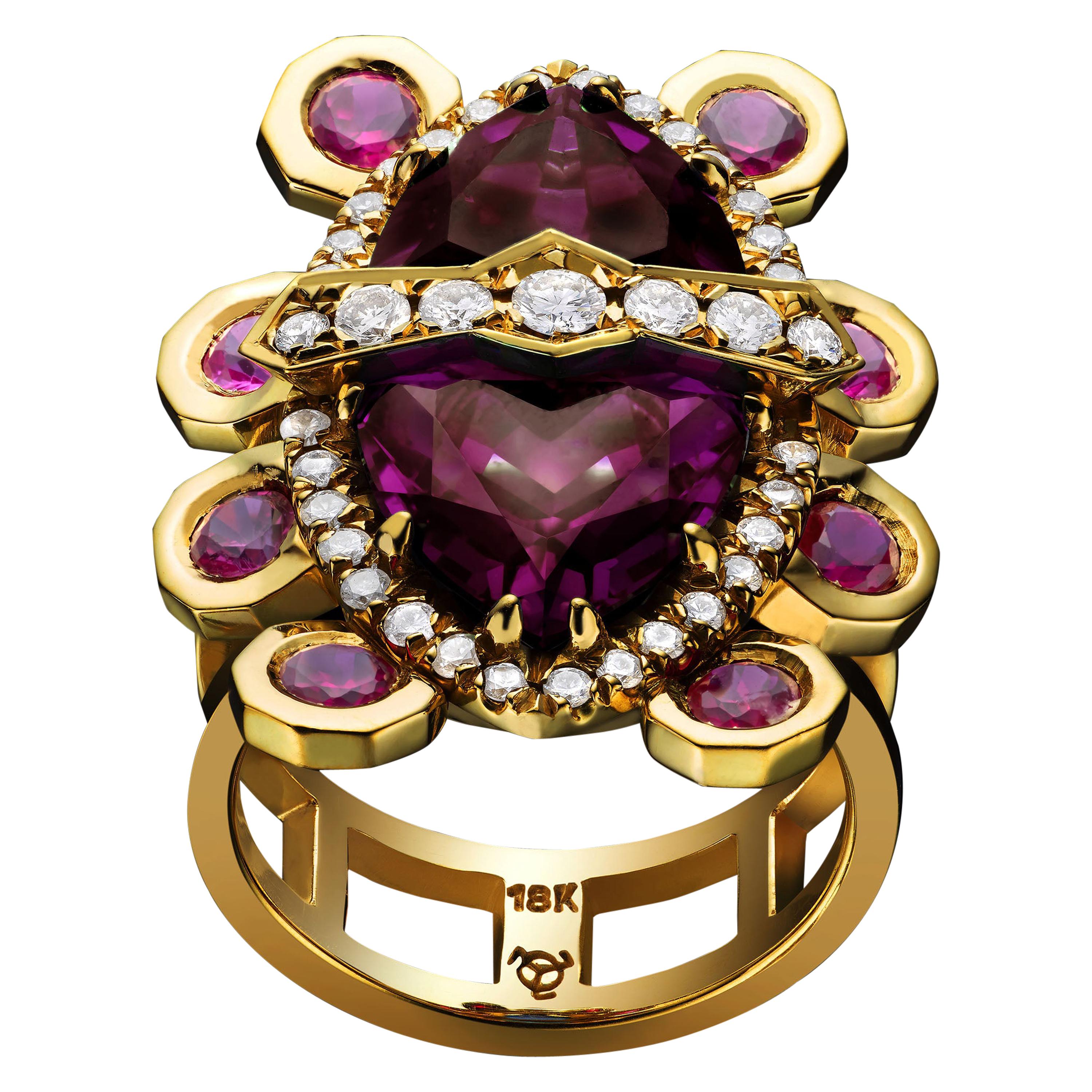 18 Karat Yellow Gold Alexandrite Rubies Diamonds Cocktail Ring Color Changing For Sale