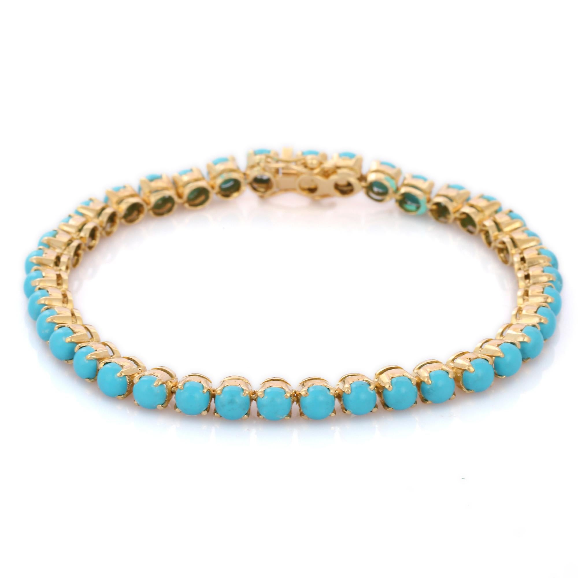 Round Cut 18 Karat Yellow Gold Alluring Handcrafted 8.5 Ct Turquoise Bracelet  For Sale