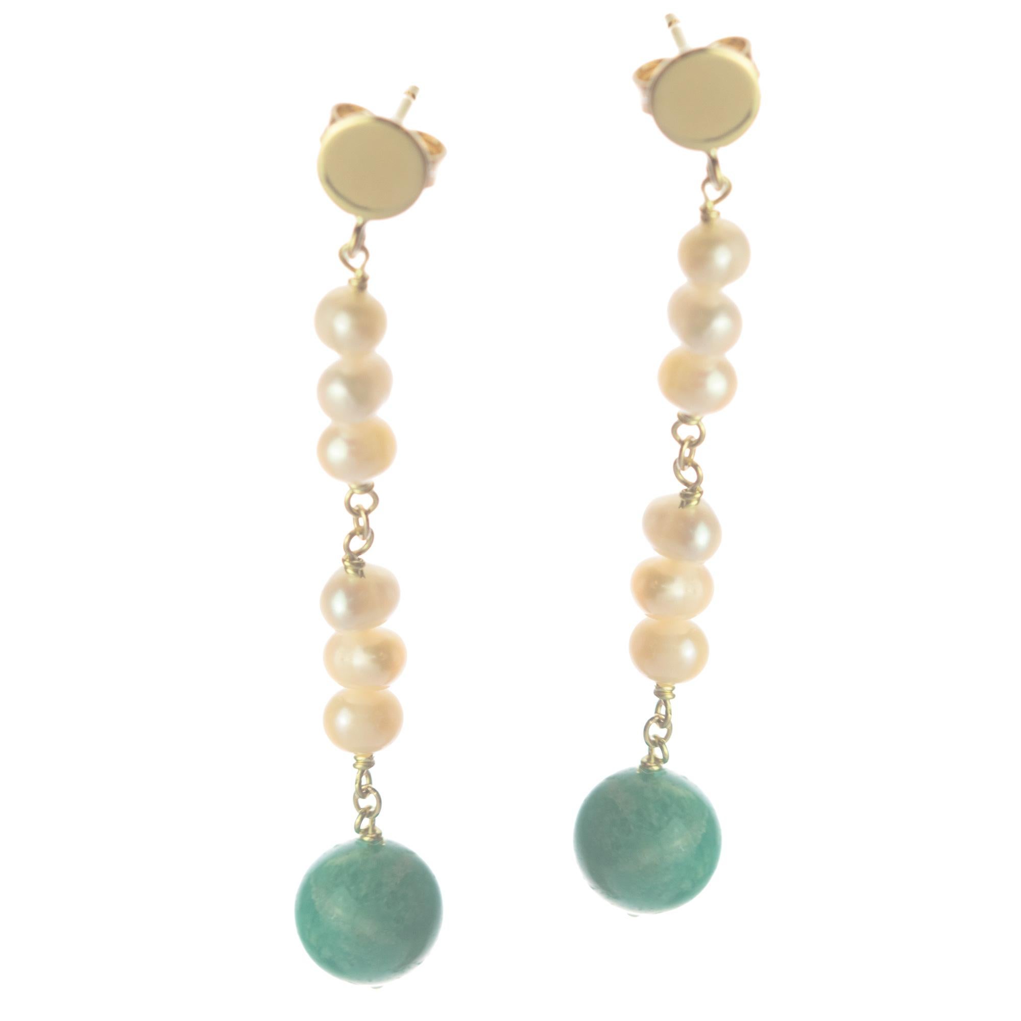 Contemporaneo Orecchini moderni a catena con perle di amazzonite in oro giallo 18 carati Intini Jewels in vendita