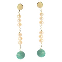 18 Karat Yellow Gold Amazonite Pearls Dangle Chain Modern Earrings Intini Jewels