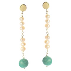 Pendants d'oreilles modernes en or jaune 18 carats avec perles d' amazonite et chaîne Intini Jewels