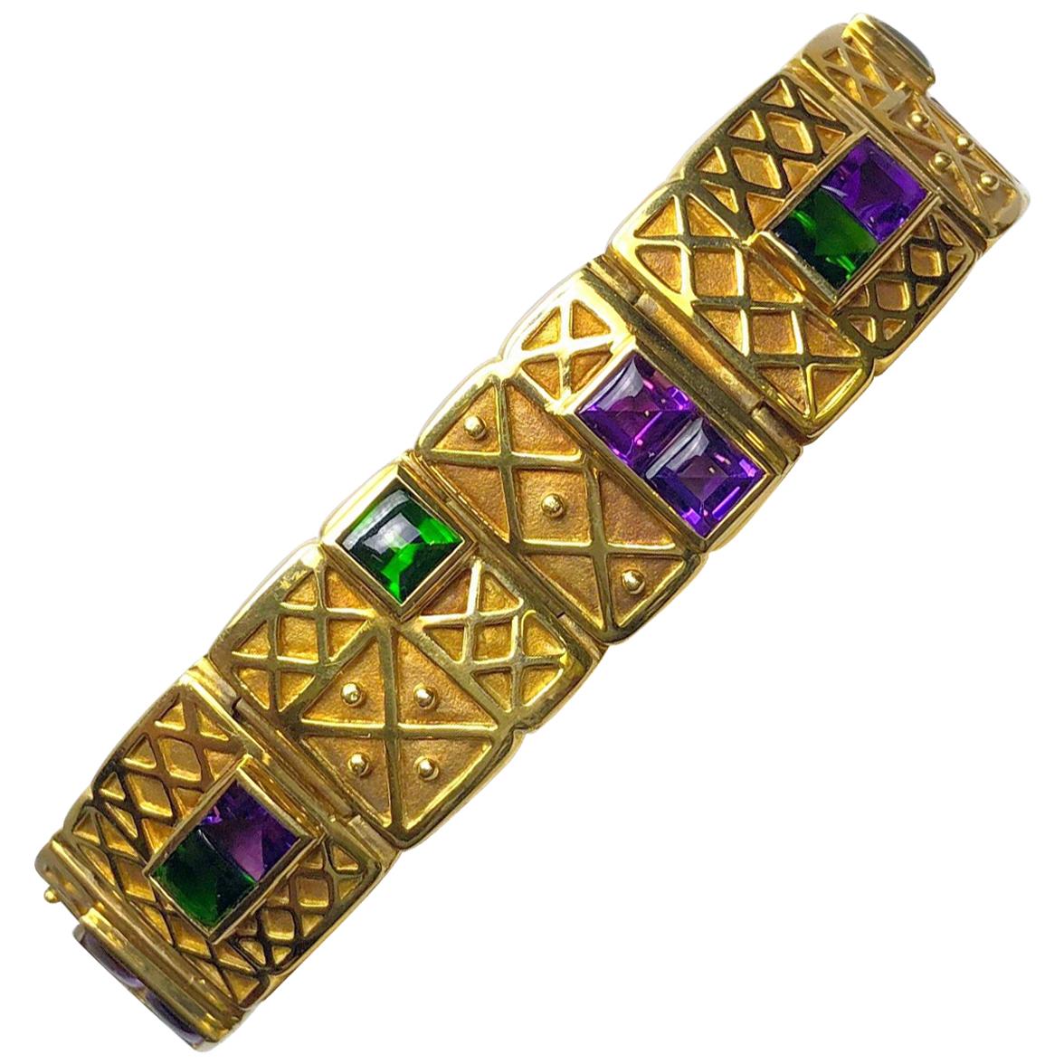 18 Karat Yellow Gold, Amethyst, and Chrome Tourmaline Link Bracelet