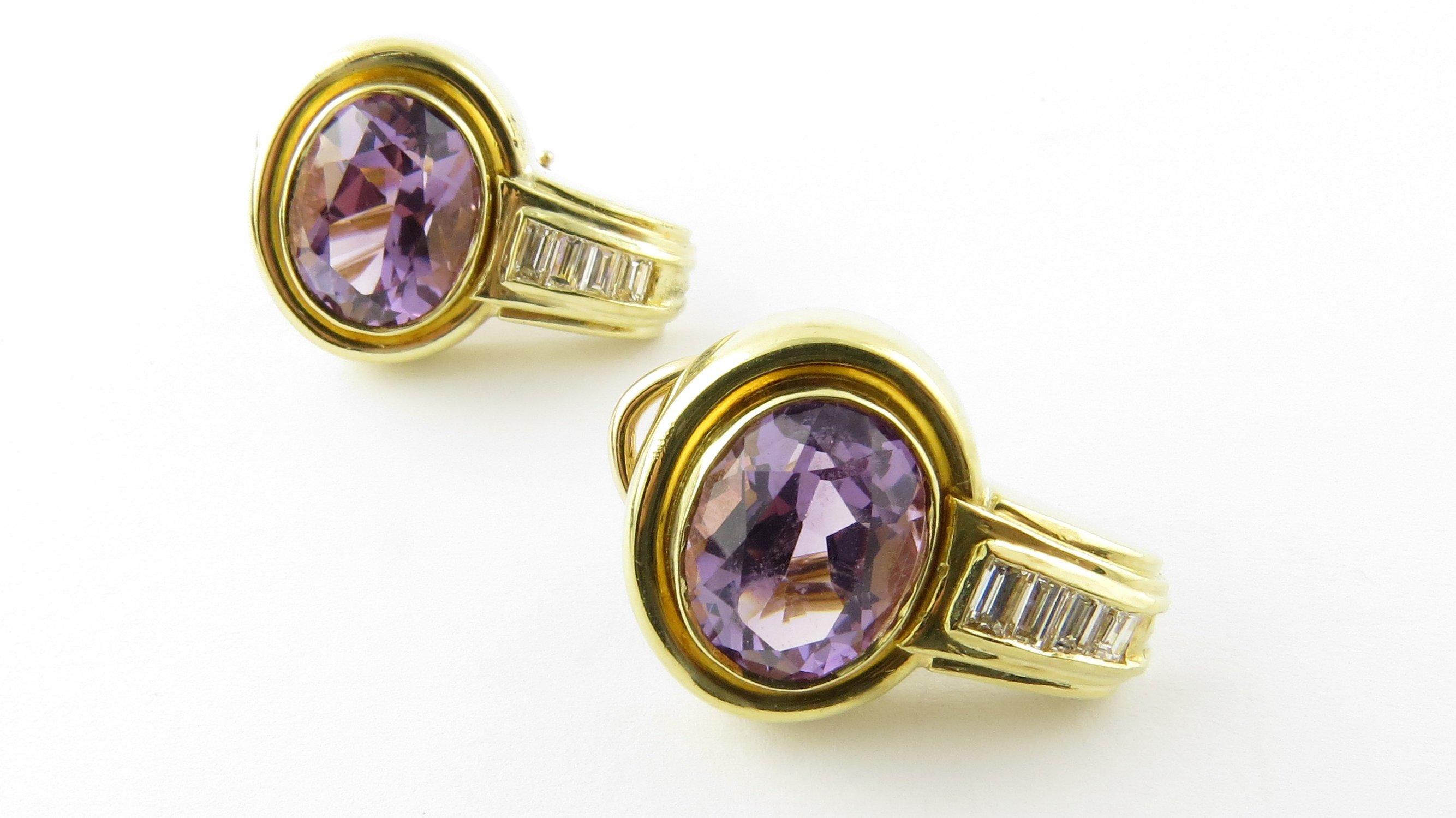 18 Karat Yellow Gold Amethyst and Diamond Earrings For Sale 1