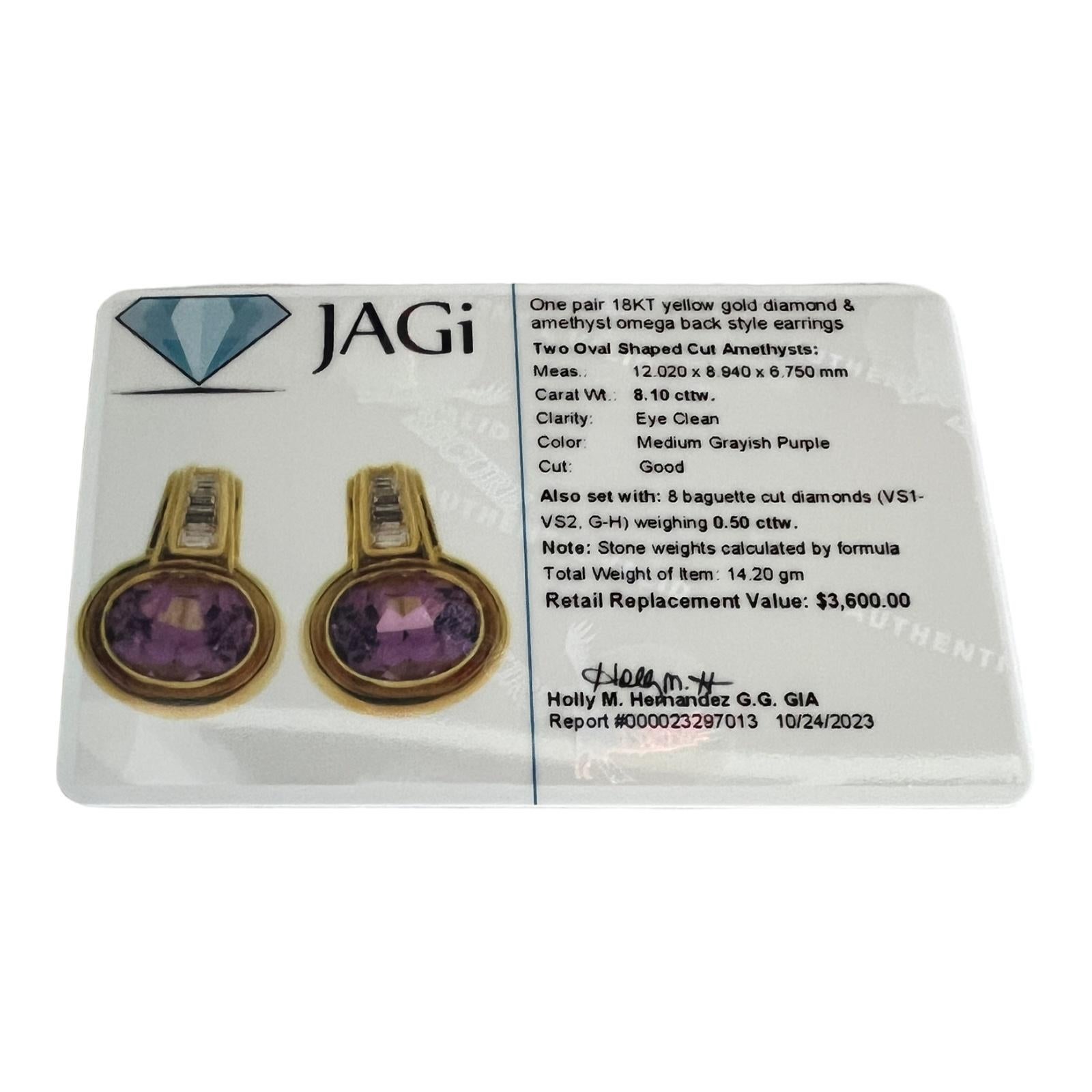 18 Karat Yellow Gold Amethyst and Diamond Earrings For Sale 2