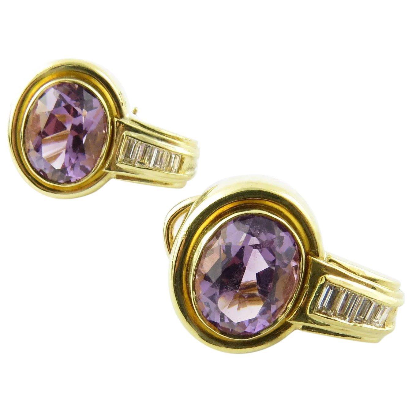 18 Karat Yellow Gold Amethyst and Diamond Earrings For Sale