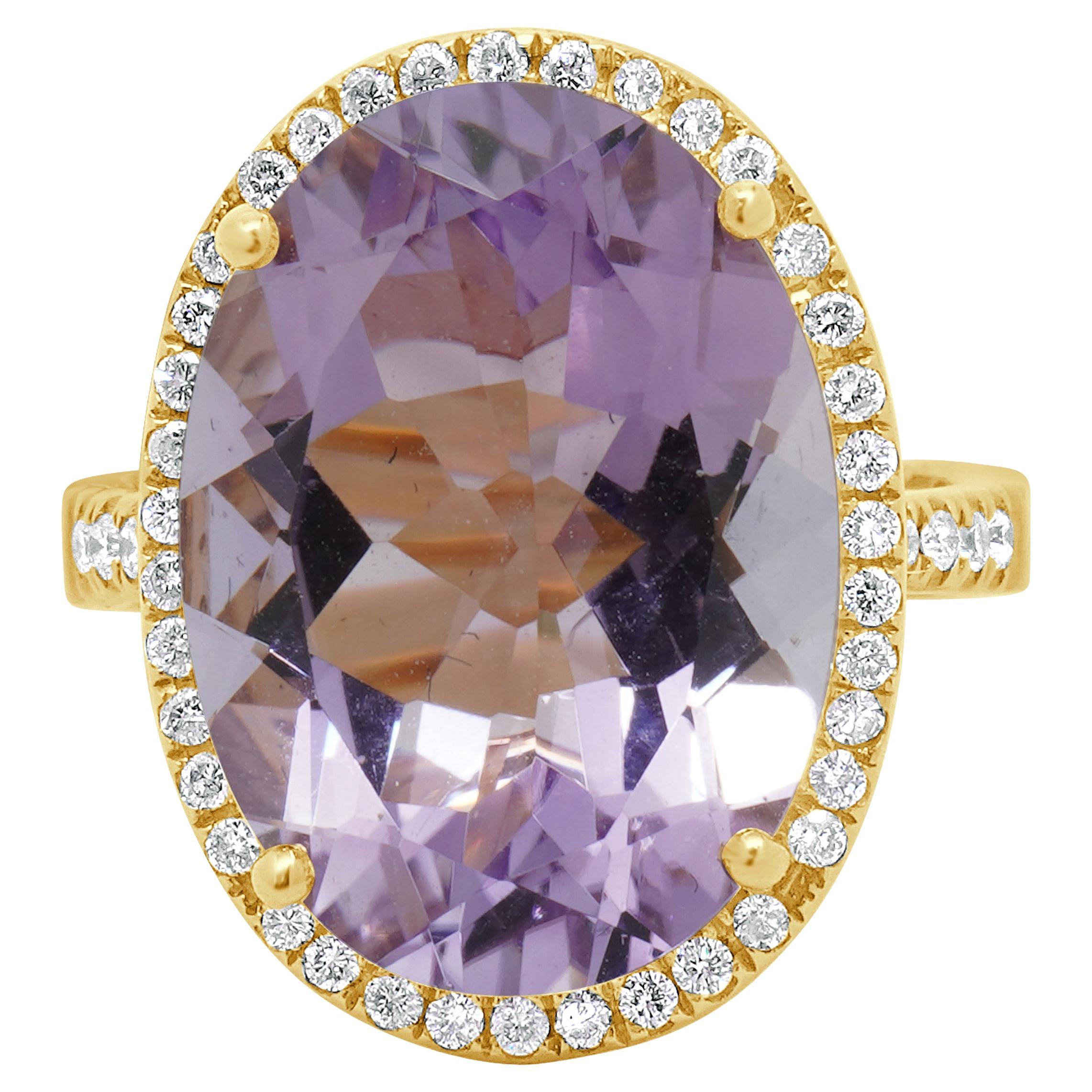 18 Karat Yellow Gold Amethyst and Diamond Halo Ring