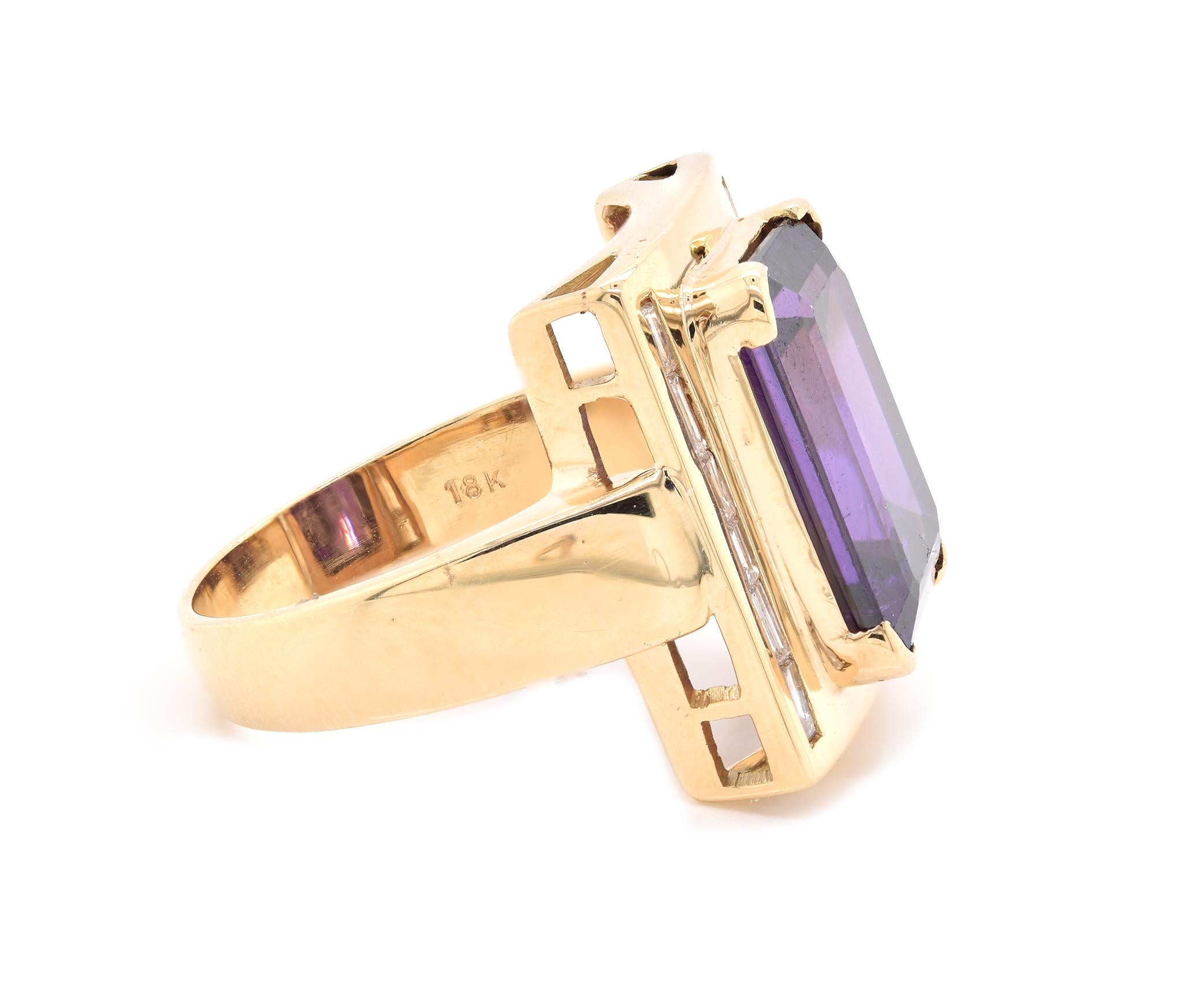 Designer: custom design
Material: 18K yellow gold
Diamonds: 12 baguette cut = .24cttw
Color: G
Clarity: SI1
Amethyst: 1 emerald cut = 6.89ct
Dimensions: ring top measures 18.45mm wide
Ring Size: 8.5 (please allow two extra shipping days for sizing