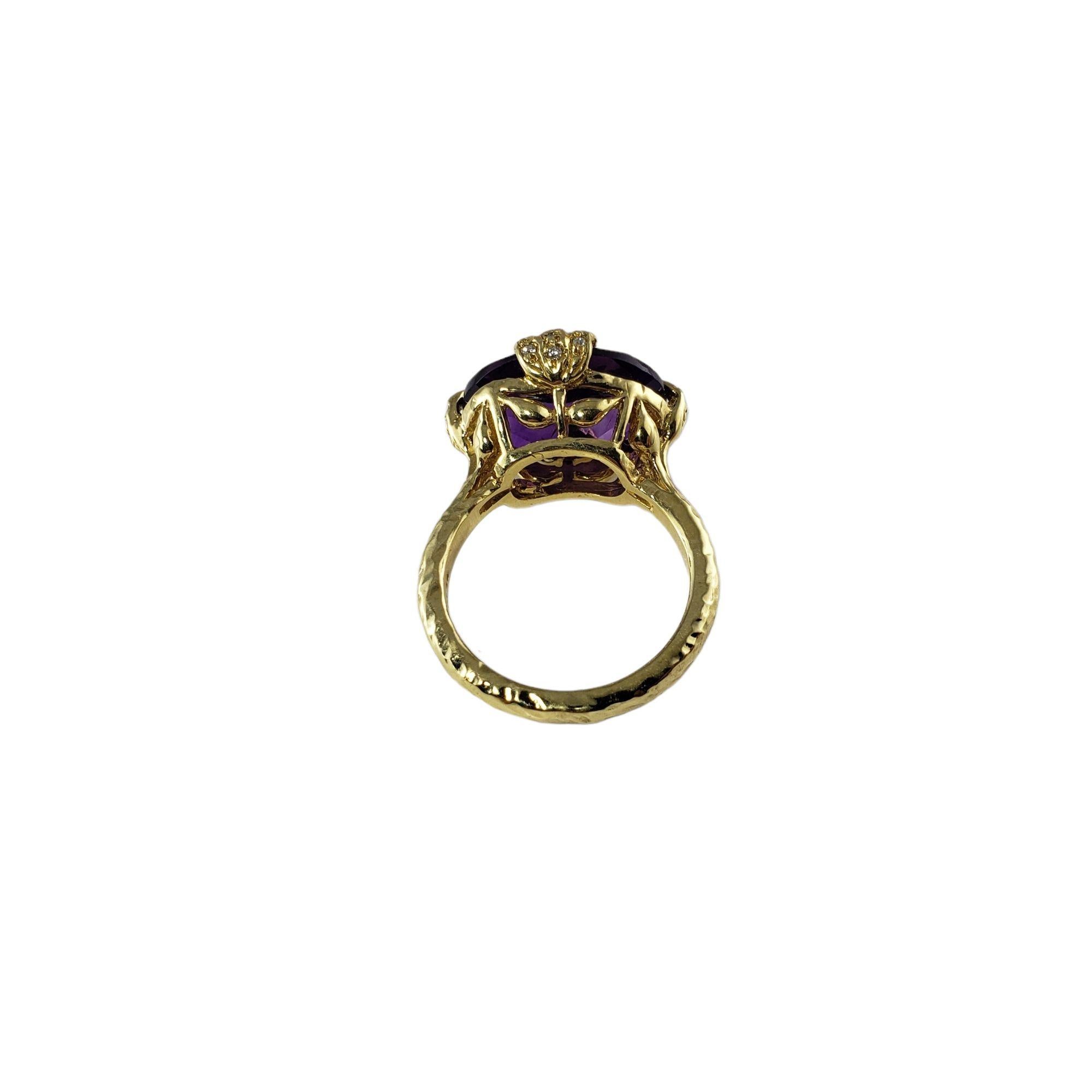 Vintage 18 Karat Yellow Gold Amethyst and Diamond Ring Size 7 JAGi Certified-

This lovely ring features one oval amethyst (17 mm x 13 mm) and ten round brilliant cut diamonds set in classic 18K yellow gold.
Shank: 3 mm.

Amethyst weight: 7.02