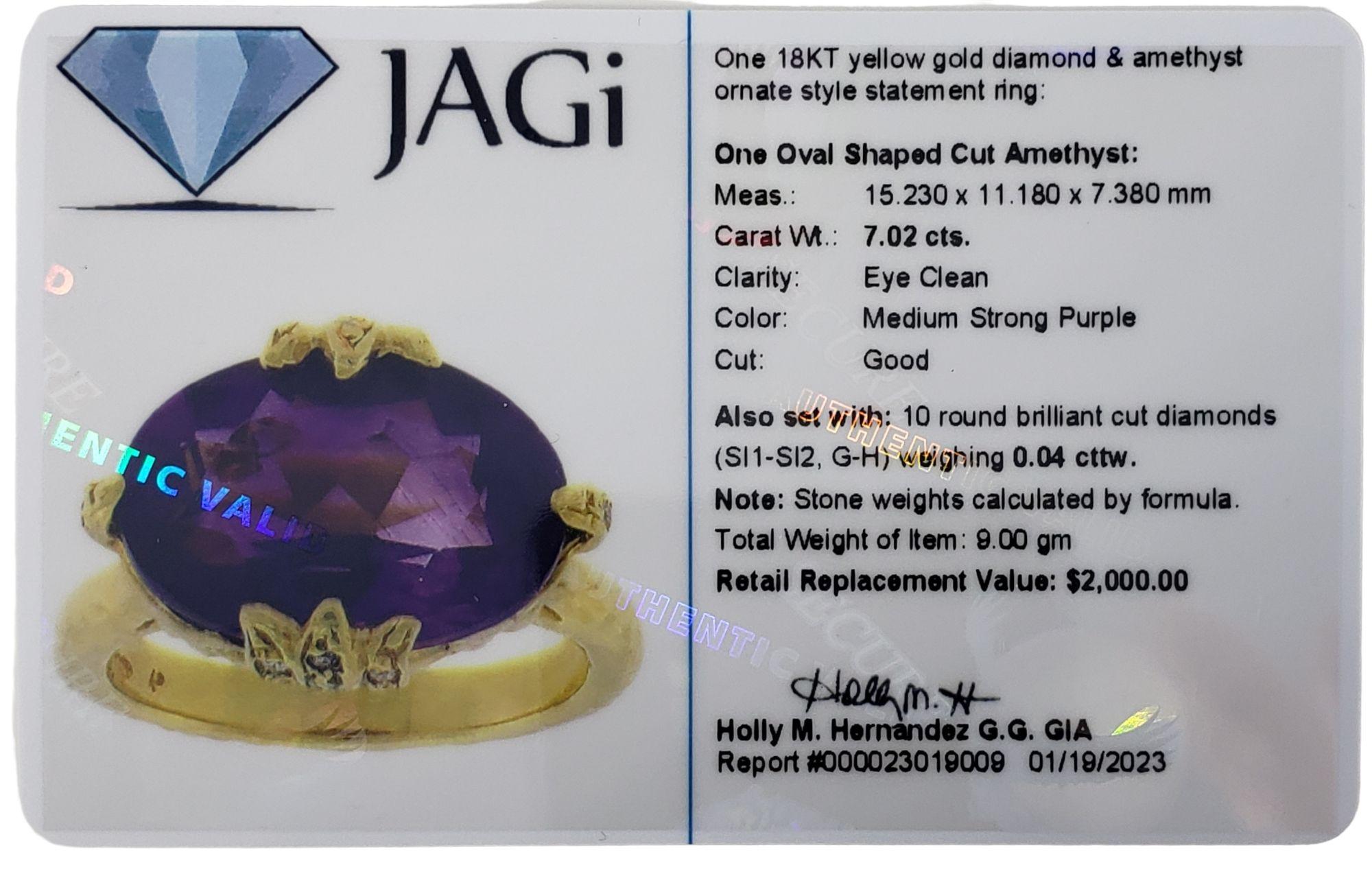 18 Karat Yellow Gold Amethyst and Diamond Ring #13751 For Sale 2