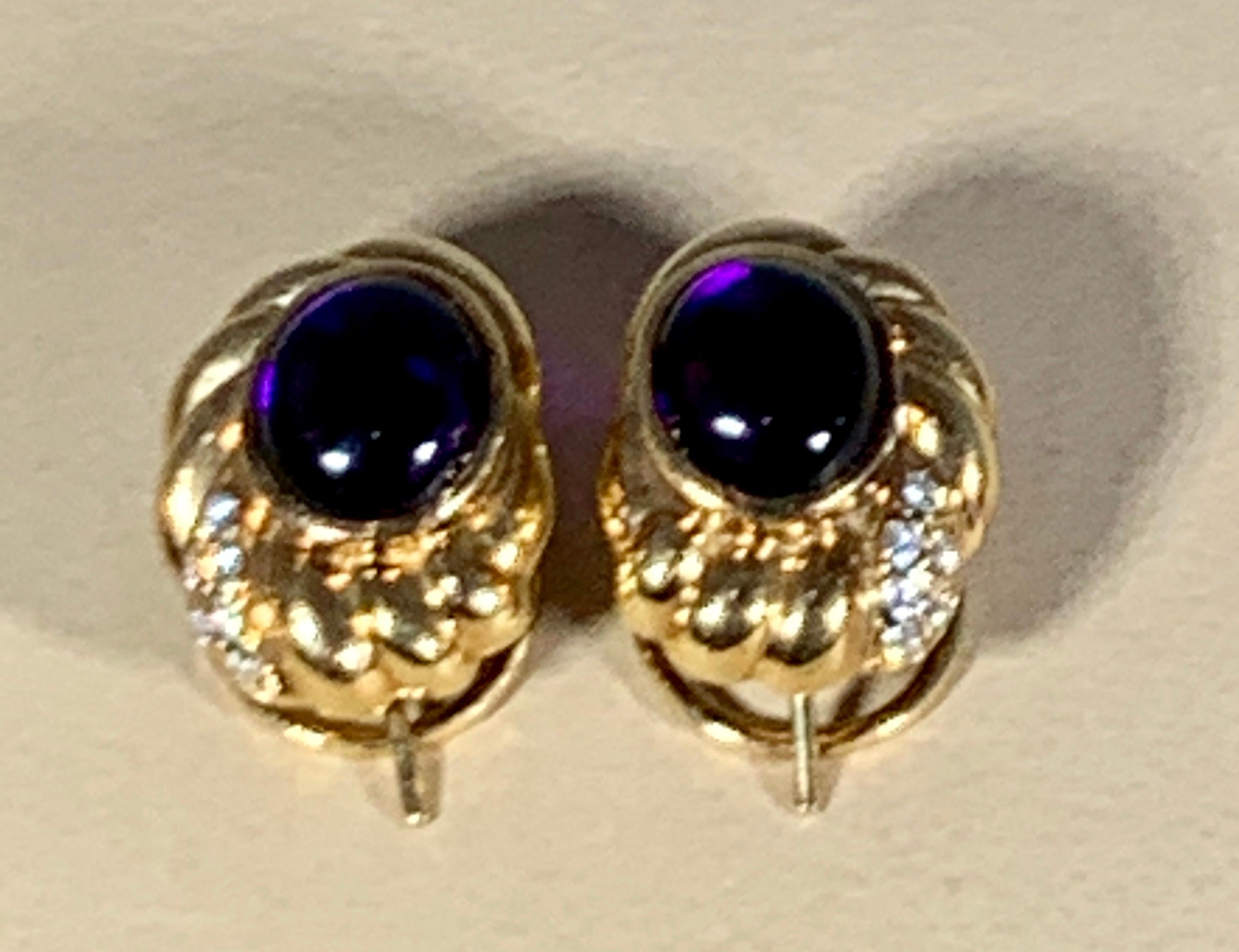 18 Karat Yellow Gold Amethyst and Diamond Stud Earrings For Sale 2