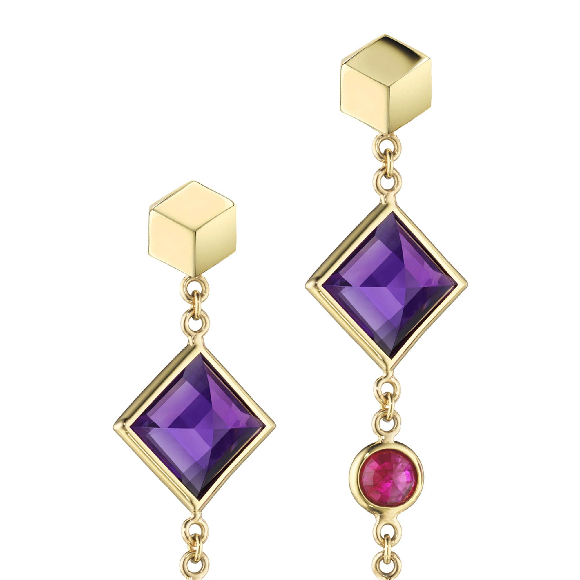 Contemporary Paolo Costagli 18 Karat Yellow Gold Amethyst and Ruby Florentine Earrings For Sale