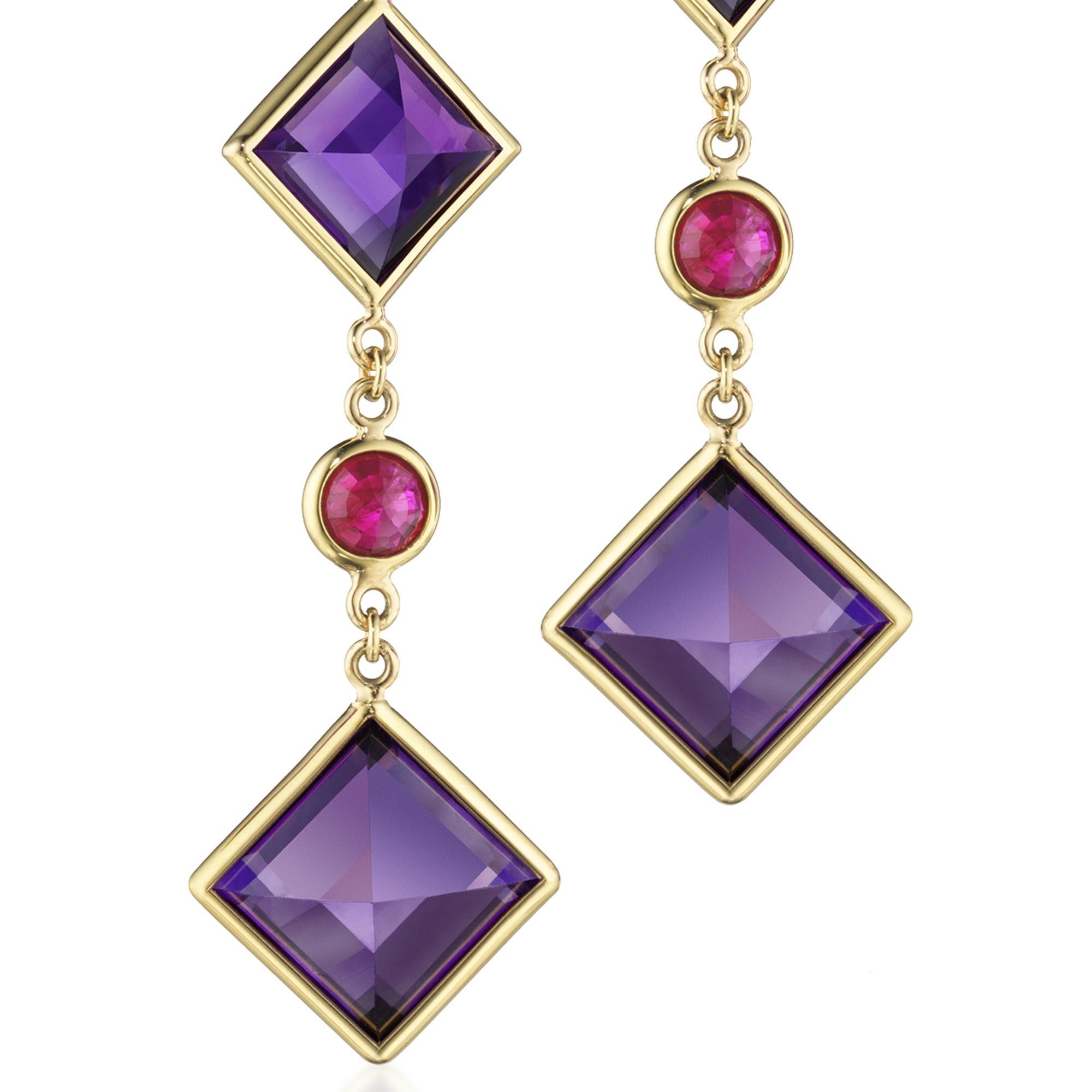 Emerald Cut Paolo Costagli 18 Karat Yellow Gold Amethyst and Ruby Florentine Earrings For Sale