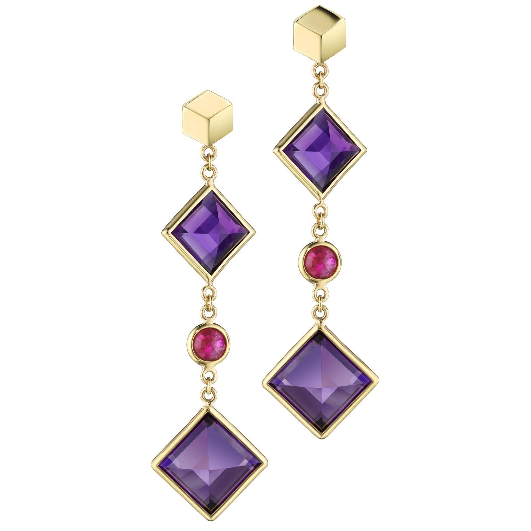 Paolo Costagli 18 Karat Yellow Gold Amethyst and Ruby Florentine Earrings For Sale