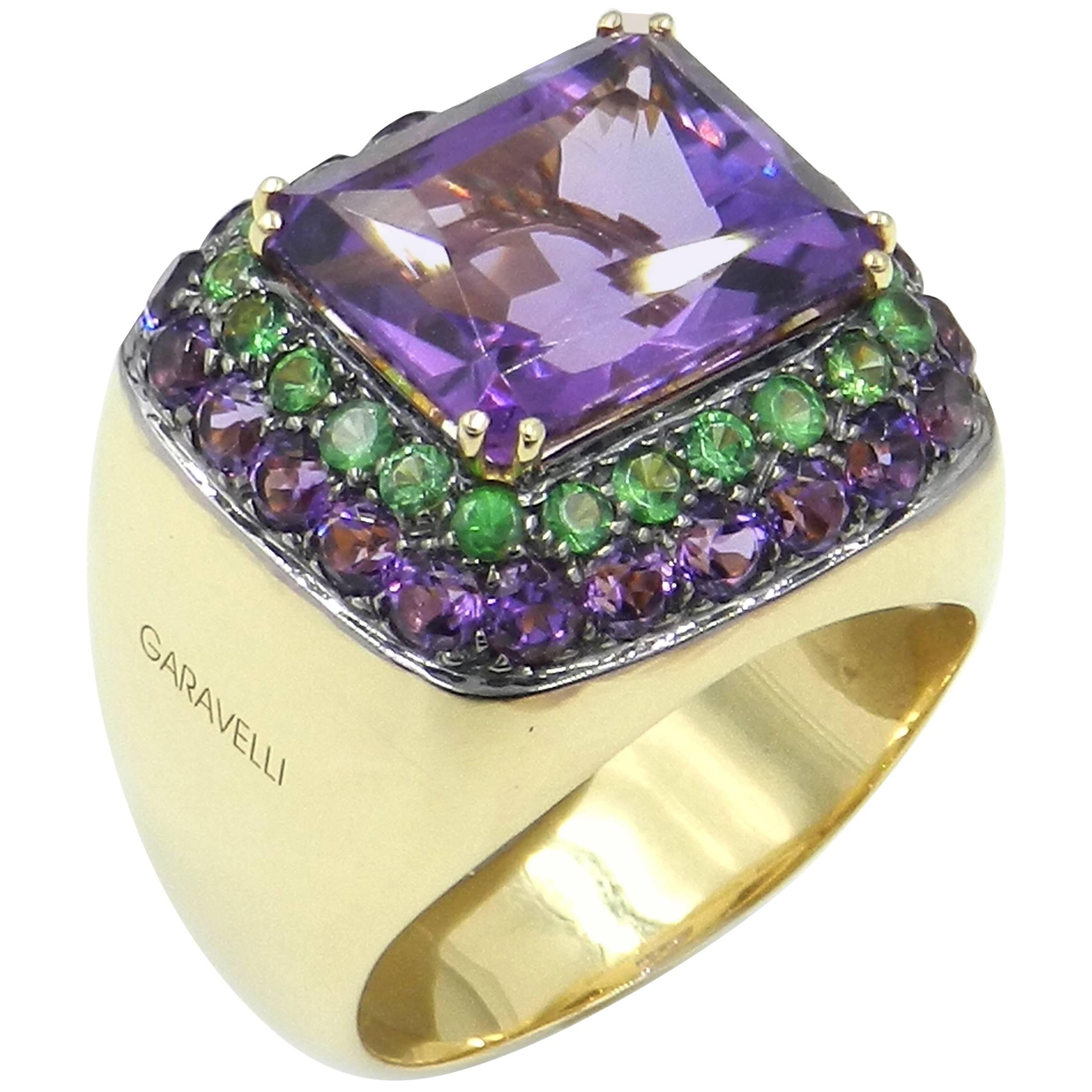 18 Karat Yellow Gold Amethyst and Tsavorite Garavelli Ring