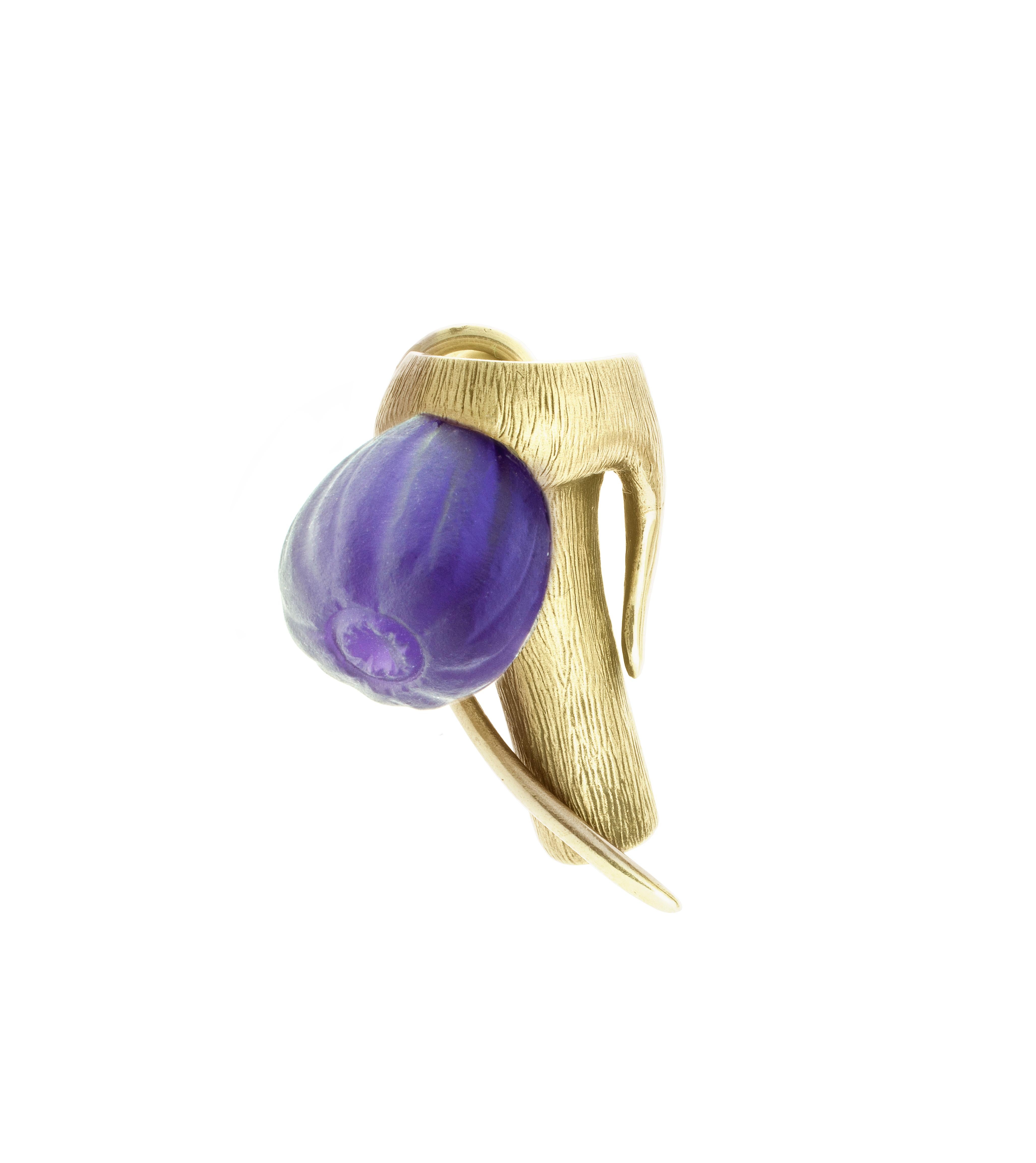 Contemporary Featured in Harper's Bazaar Yellow Gold Amethyst Sculptural Brooch For Sale