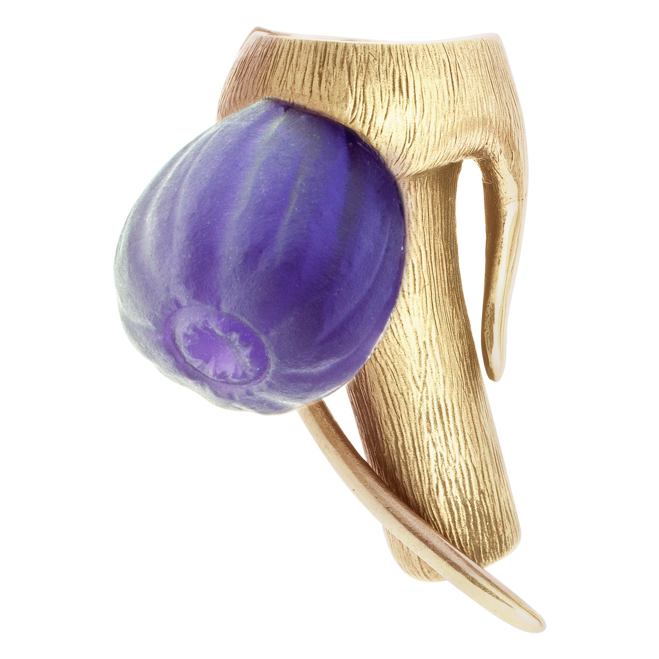 Featured in Harper's Bazaar Yellow Gold Amethyst Sculptural Brooch For Sale 2