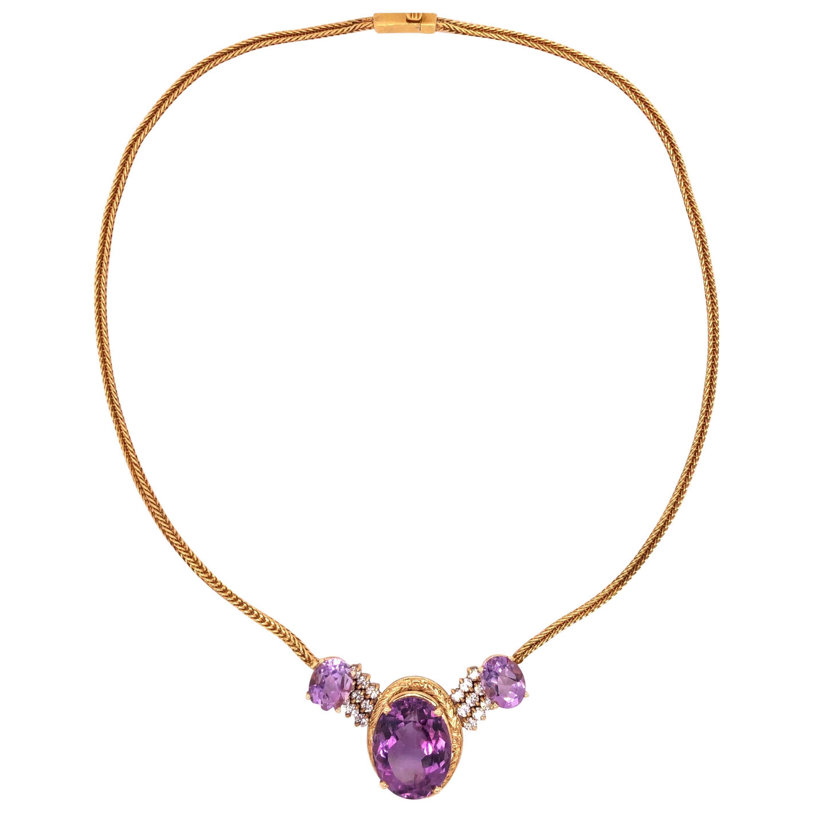 18 Karat Yellow Gold Amethyst Diamond Necklace For Sale