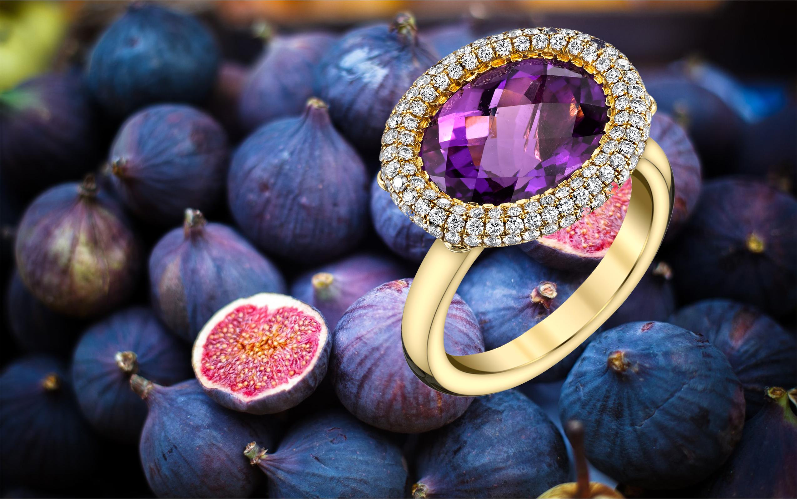 This one-of-a-kind Purple Amethyst Ring is a true masterpiece. The center stone, a radiant and striking amethyst, is held in a luxurious setting of 18 Karat Yellow Gold and accented with sparkling 0.71ct diamonds. The combination of the vibrant