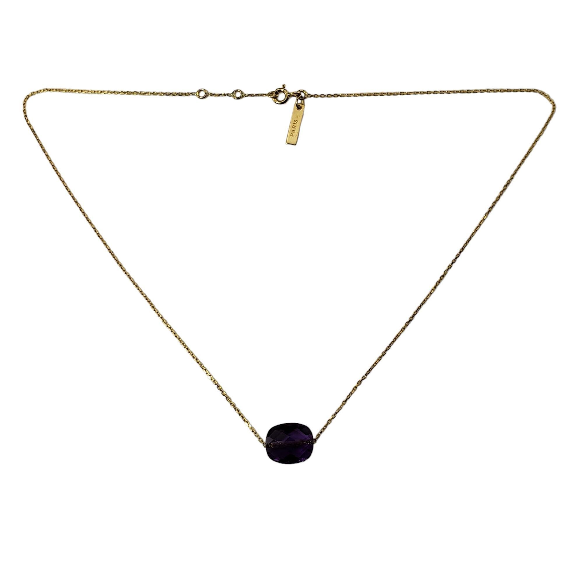 Vintage 18K Gelbgold Amethyst Halskette-

Dieser schöne Amethyst im Kissenschliff (12,1 mm x 10 mm) ist an einer klassischen Halskette aus 18 Karat Gelbgold gefasst. 

Größe: 15,5 Zoll (einstellbar auf 15