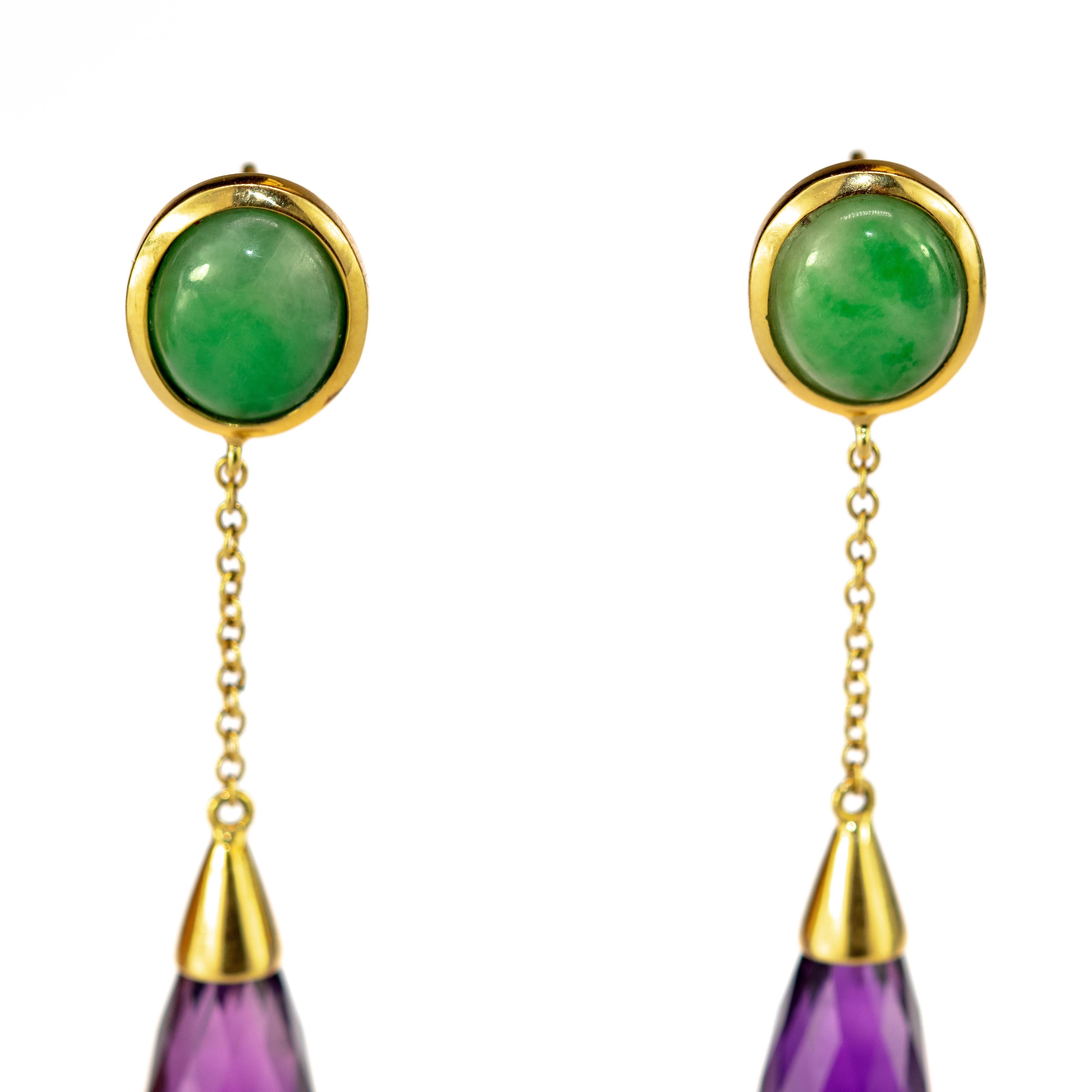 Art Nouveau 18 Karat Yellow Gold Amethyst Purple Drops Tear Jade Dangle Long Earrings