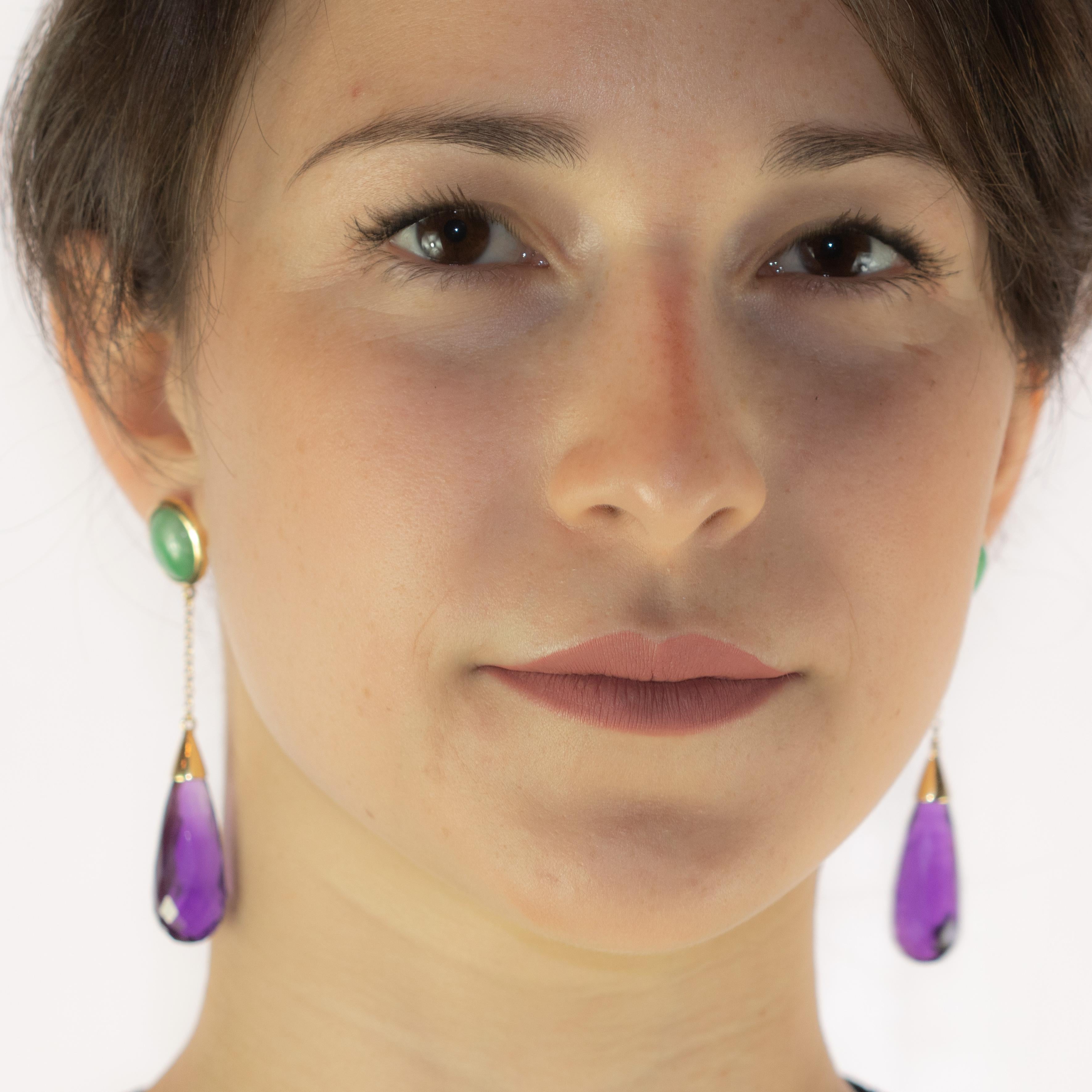 Women's 18 Karat Yellow Gold Amethyst Purple Drops Tear Jade Dangle Long Earrings