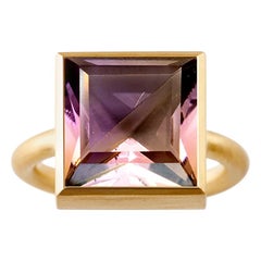 18 Karat Yellow Gold Amethyst Smoky Quartz Two-Stone Modern Cocktail Ring 7-13