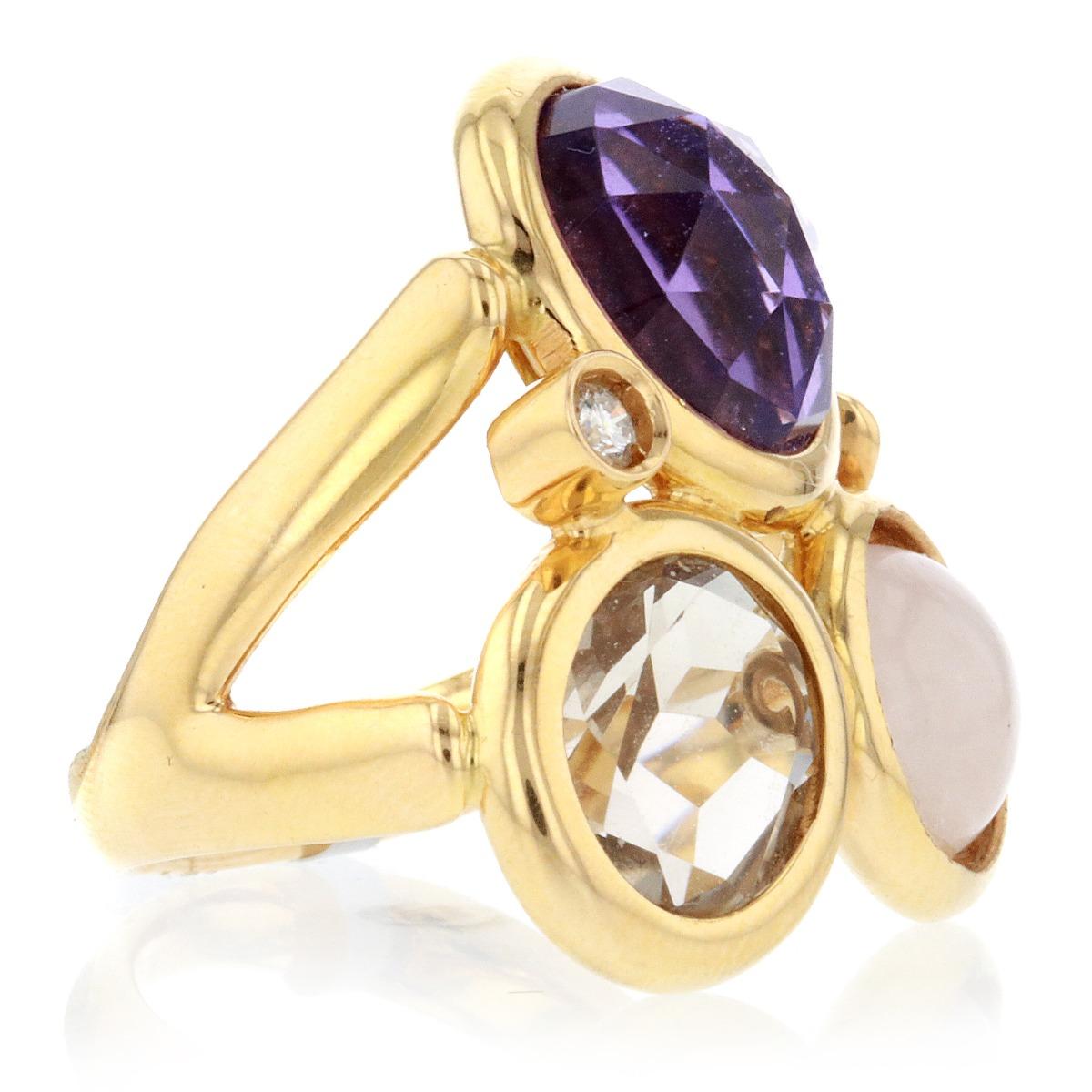 18K Yellow Gold Amethyst Stone Cocktail Ring 7.0 Penny Weight Ring Size: 5.5 Center Stone: No Gemstone: Stone Count: 4 Stone Shape: Circle Color Grade: G-H Clarity Grade: SI1-SI2 Polish: Very Good Symmetry: Very Good Fluorescence: None