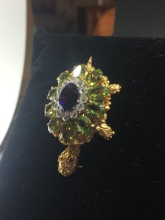 18 Karat Yellow Gold, Amethyst, Diamond, Peridot Pin The The Style Of Rosenthal.