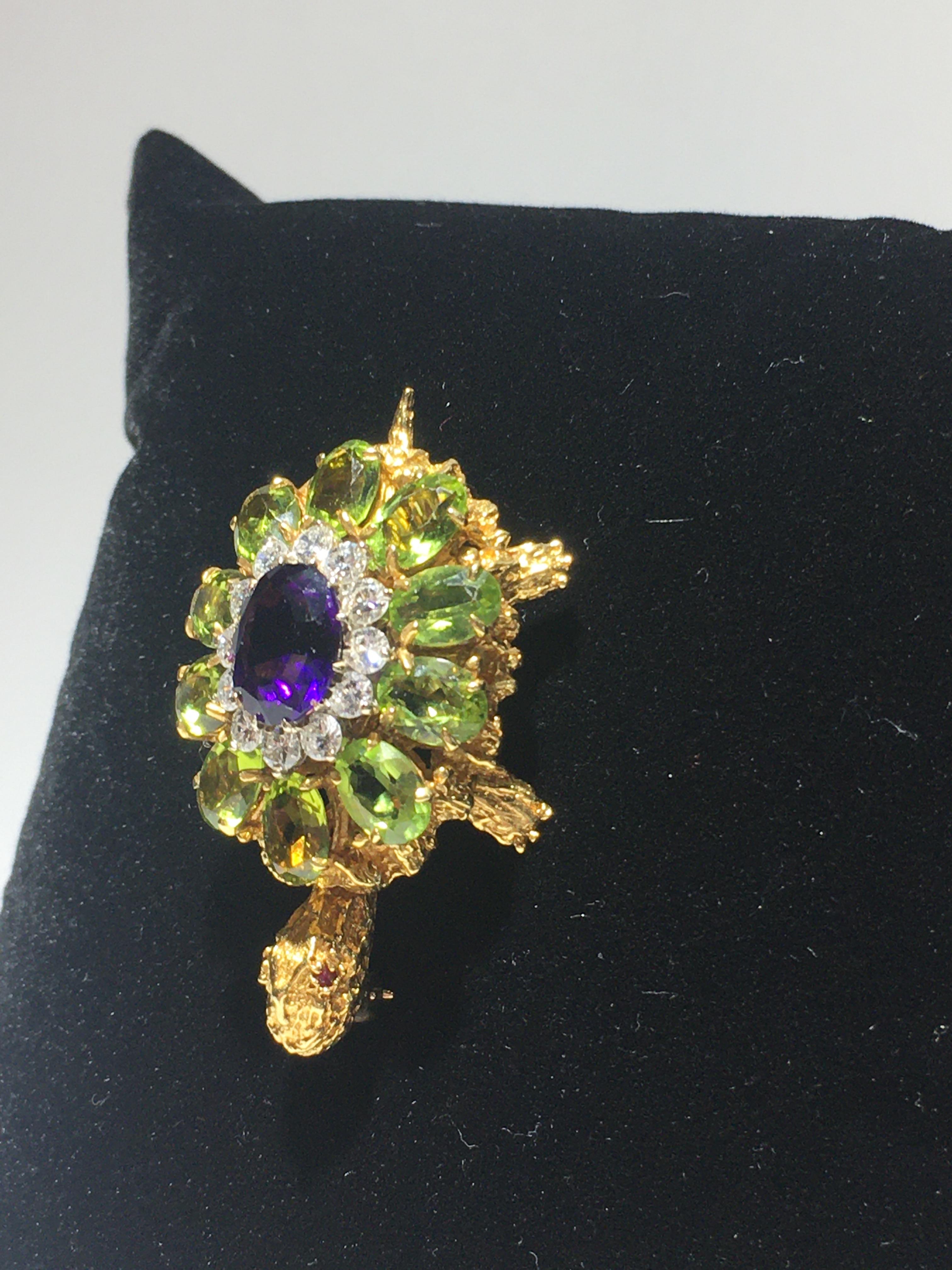18 Karat Yellow Gold, Amethyst, Diamond, Peridot Pin The The Style Of Rosenthal. In Excellent Condition For Sale In Buchanan, MI