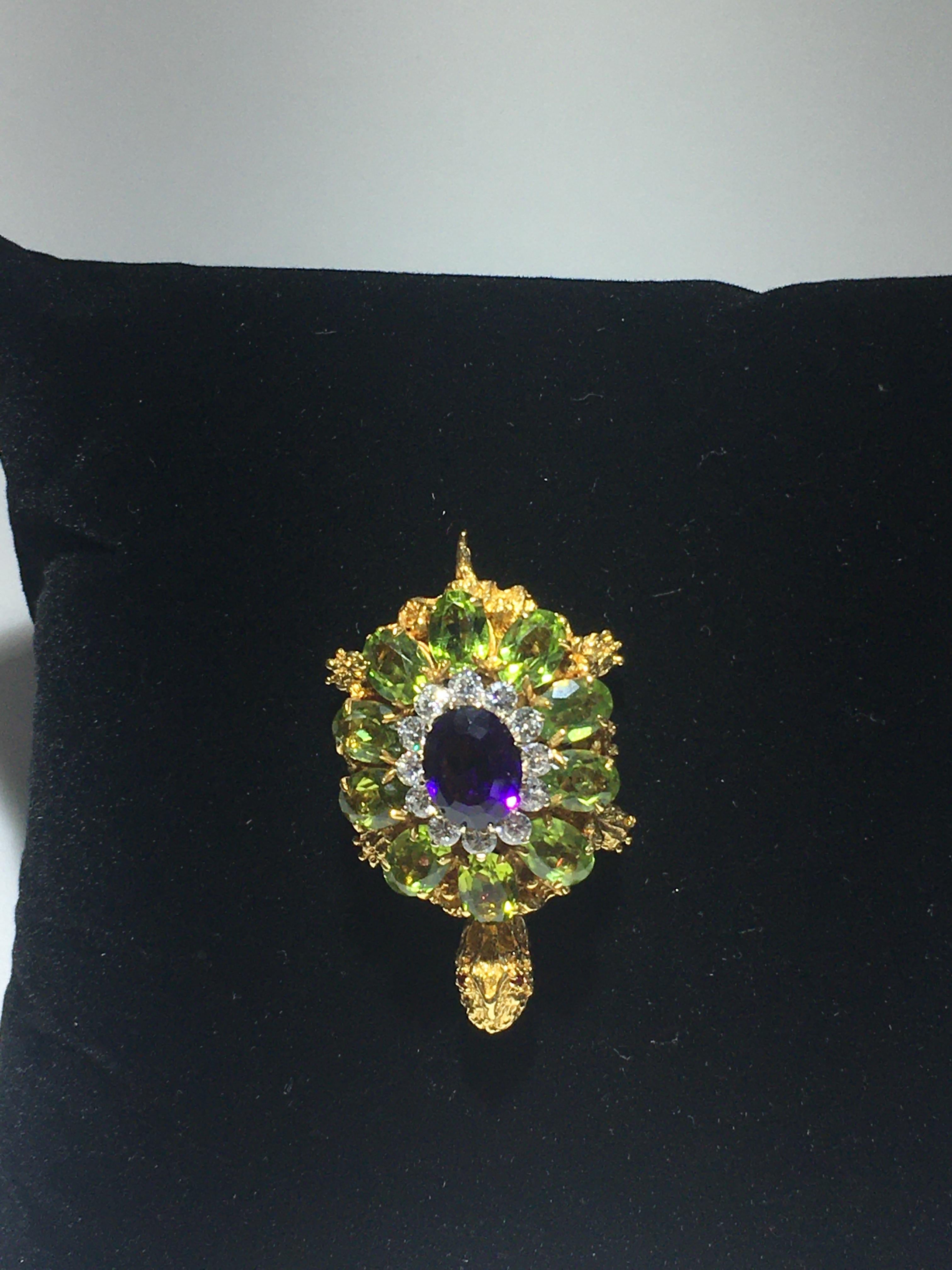 Women's or Men's 18 Karat Yellow Gold, Amethyst, Diamond, Peridot Pin The The Style Of Rosenthal. For Sale
